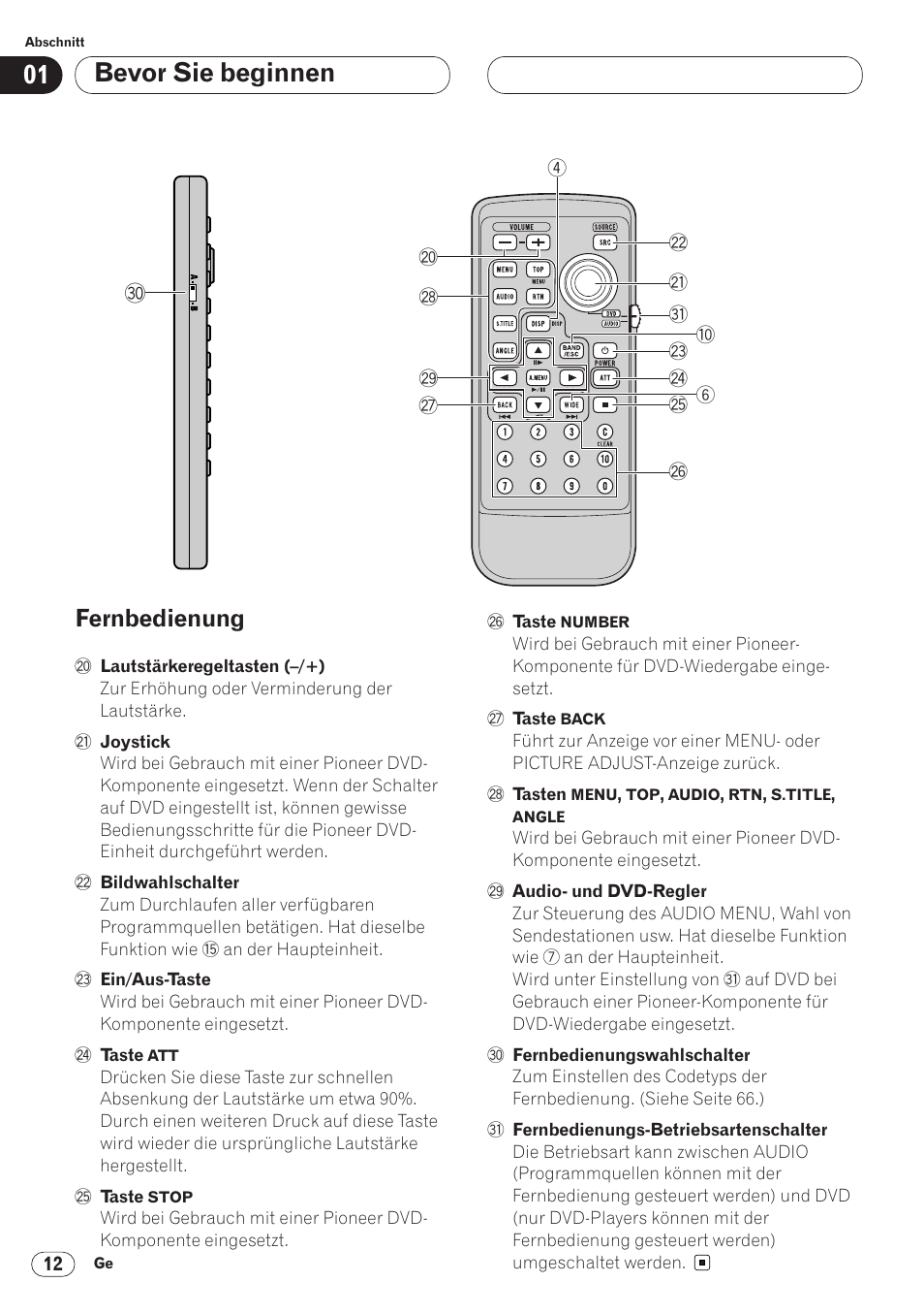 Fernbedienung 12, Bevor sie beginnen, Fernbedienung | Pioneer AVH-P6400CD User Manual | Page 160 / 224