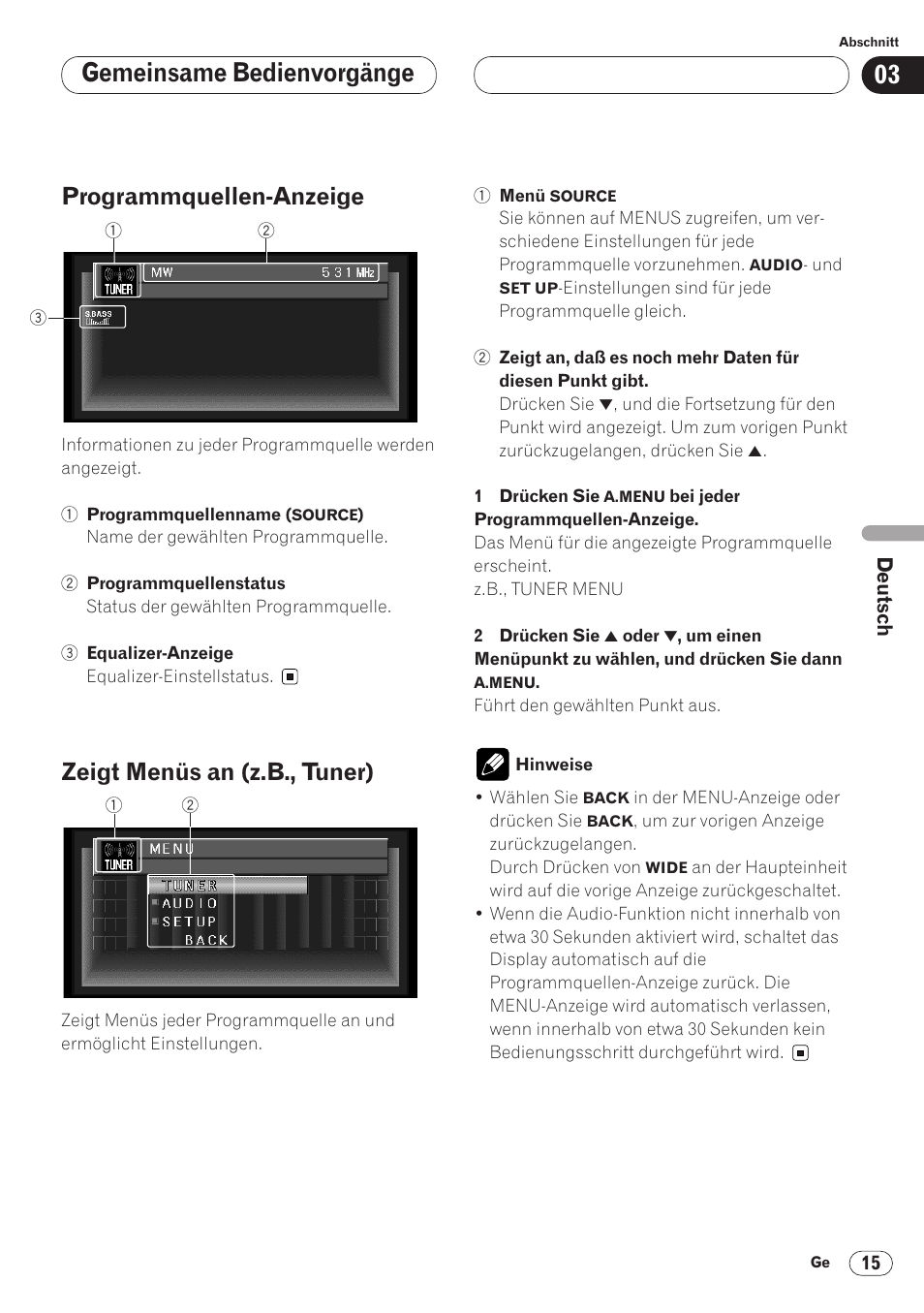 Gemeinsame bedienvorgänge, Programmquellen-anzeige, Zeigt menüs an (z.b., tuner) | Pioneer AVH-P6400CD User Manual | Page 163 / 224