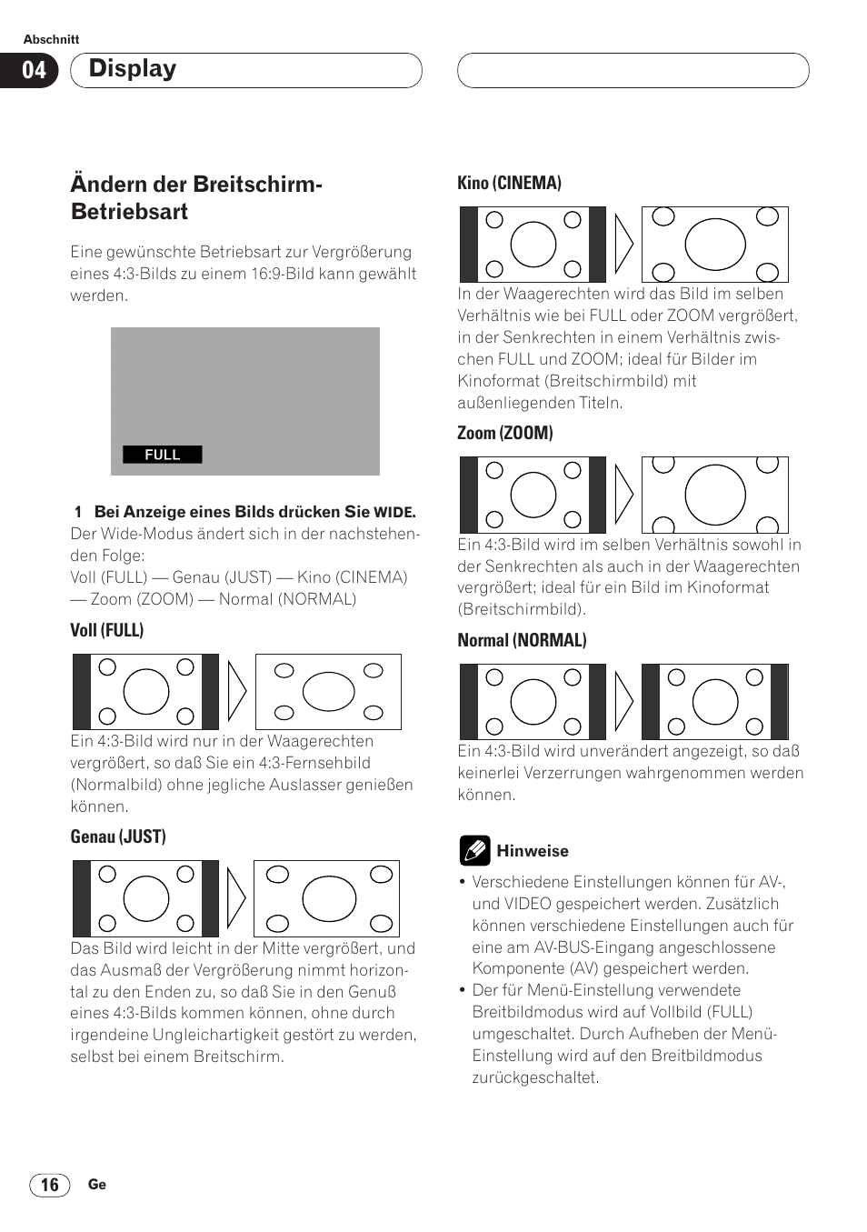 Ändern der breitschirm-betriebsart 16, Display, Ändern der breitschirm- betriebsart | Pioneer AVH-P6400CD User Manual | Page 164 / 224