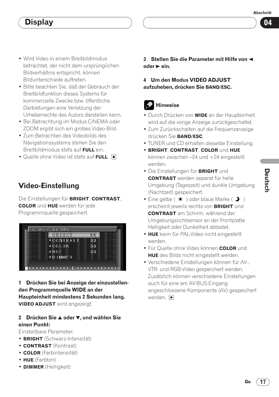 Video-einstellung 17, Display, Video-einstellung | Pioneer AVH-P6400CD User Manual | Page 165 / 224