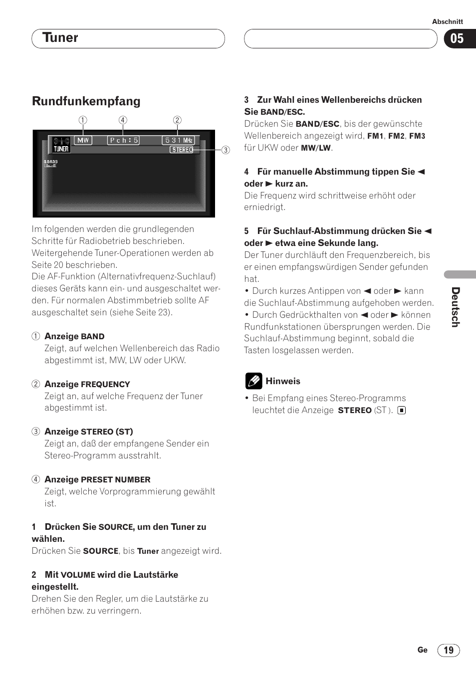 Rundfunkempfang 19, Tuner, Rundfunkempfang | Pioneer AVH-P6400CD User Manual | Page 167 / 224
