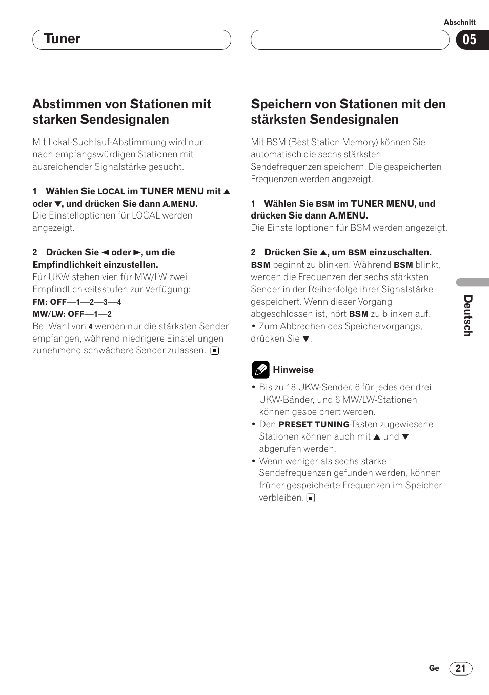 Abstimmen von stationen mit starken, Sendesignalen 21, Speichern von stationen mit den stärksten | Tuner, Abstimmen von stationen mit starken sendesignalen | Pioneer AVH-P6400CD User Manual | Page 169 / 224