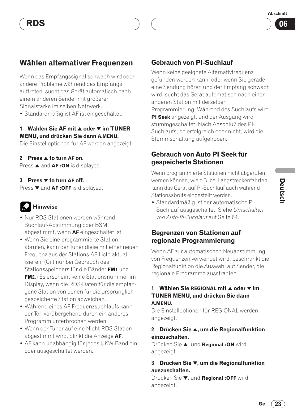 Wählen alternativer frequenzen 23, Gespeicherte stationen 23, Begrenzen von stationen auf regionale | Programmierung 23, Wählen alternativer frequenzen | Pioneer AVH-P6400CD User Manual | Page 171 / 224