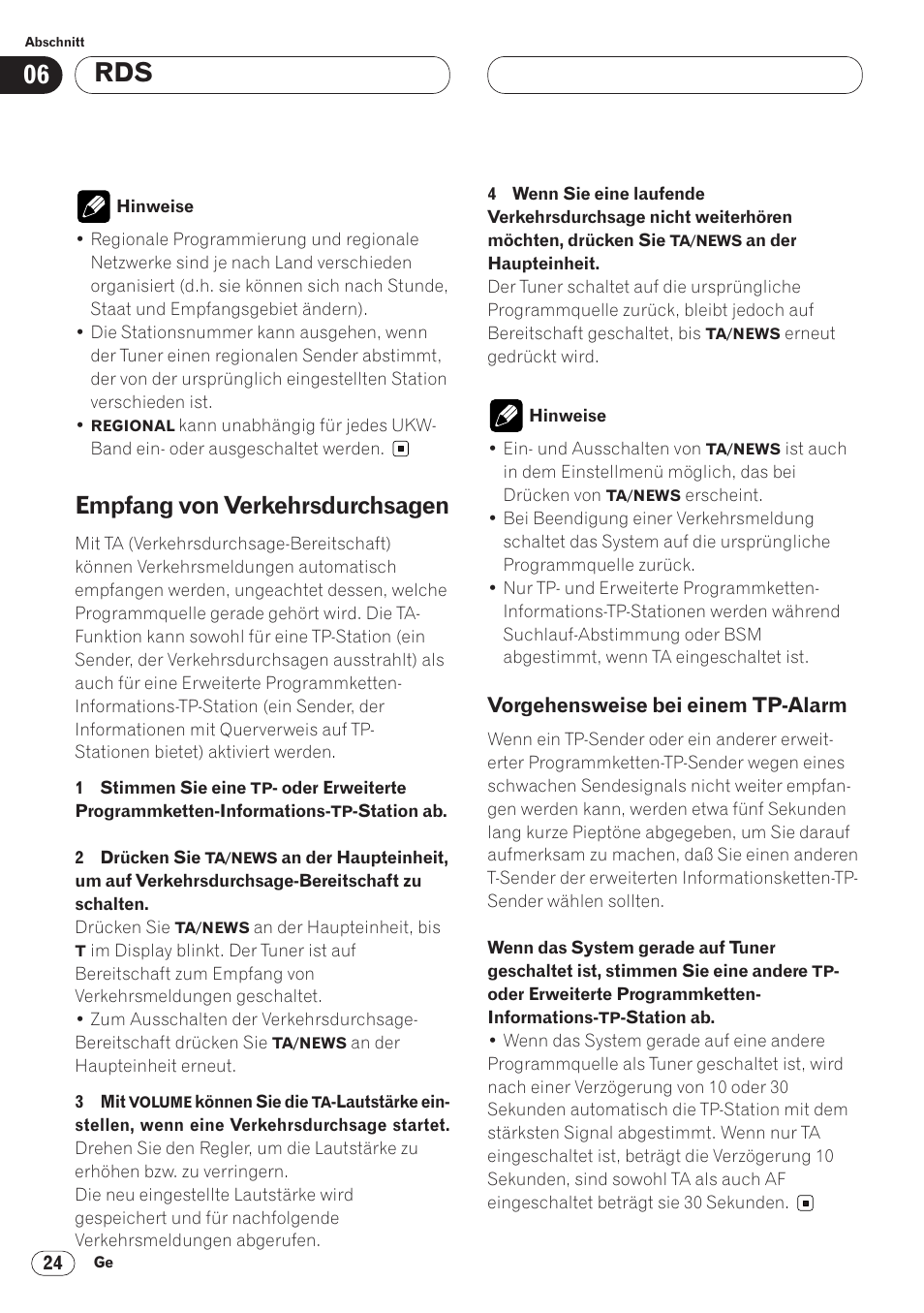 Empfang von verkehrsdurchsagen 24, Vorgehensweise bei einem, Tp-alarm 24 | Empfang von verkehrsdurchsagen | Pioneer AVH-P6400CD User Manual | Page 172 / 224