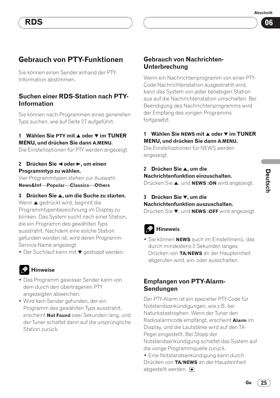 Gebrauch von pty-funktionen 25, Suchen einer rds-station nach, Pty-information 25 | Gebrauch von nachrichten, Unterbrechung 25, Empfangen von pty-alarm-sendungen, Gebrauch von pty-funktionen | Pioneer AVH-P6400CD User Manual | Page 173 / 224