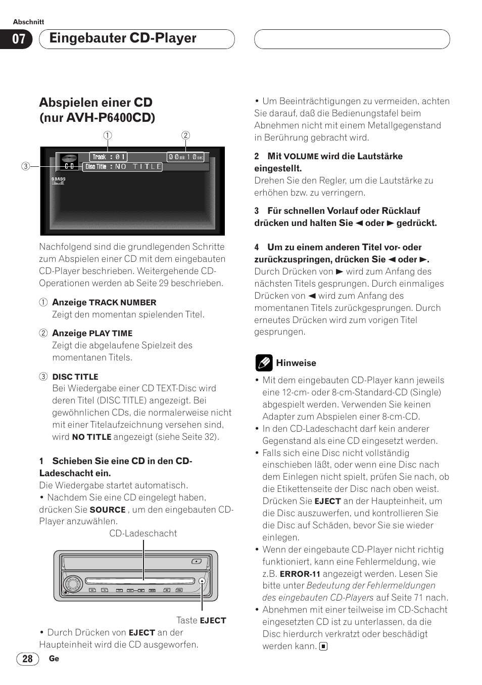 Abspielen einer cd, Nur avh-p6400cd) 28, Eingebauter cd-player | Abspielen einer cd (nur avh-p6400cd) | Pioneer AVH-P6400CD User Manual | Page 176 / 224