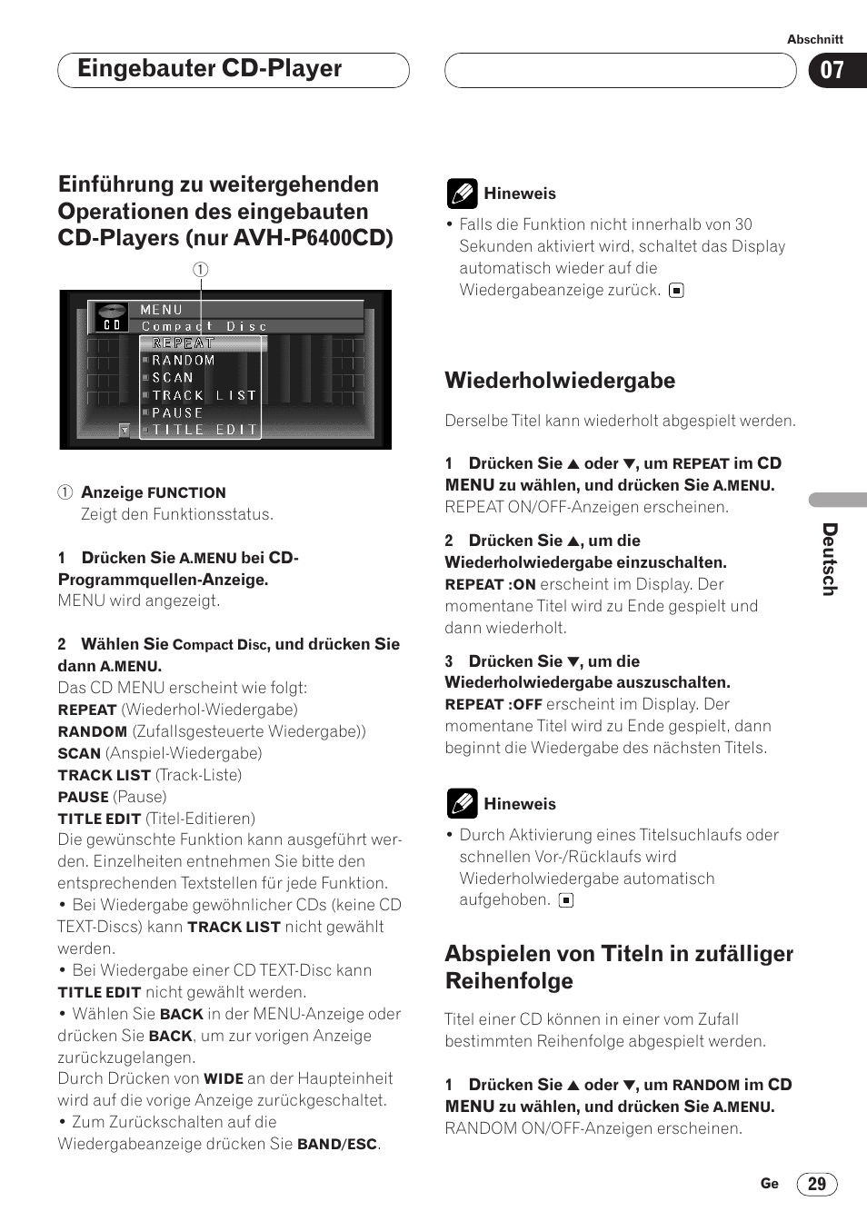 Einführung zu weitergehenden, Reihenfolge 29, Eingebauter cd-player | Wiederholwiedergabe, Abspielen von titeln in zufälliger reihenfolge | Pioneer AVH-P6400CD User Manual | Page 177 / 224