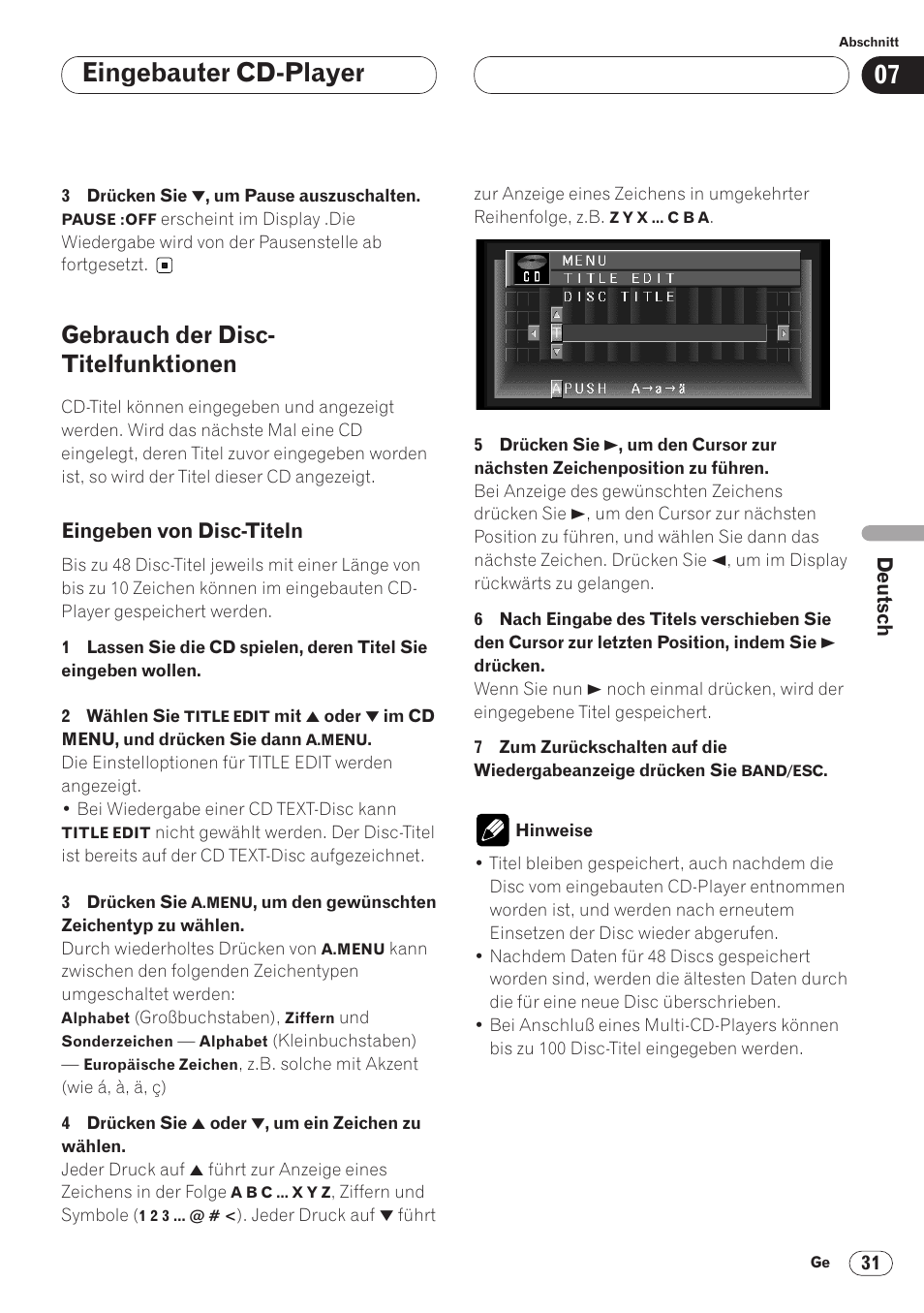 Eingeben von disc-titeln 31, Eingebauter cd-player, Gebrauch der disc- titelfunktionen | Pioneer AVH-P6400CD User Manual | Page 179 / 224