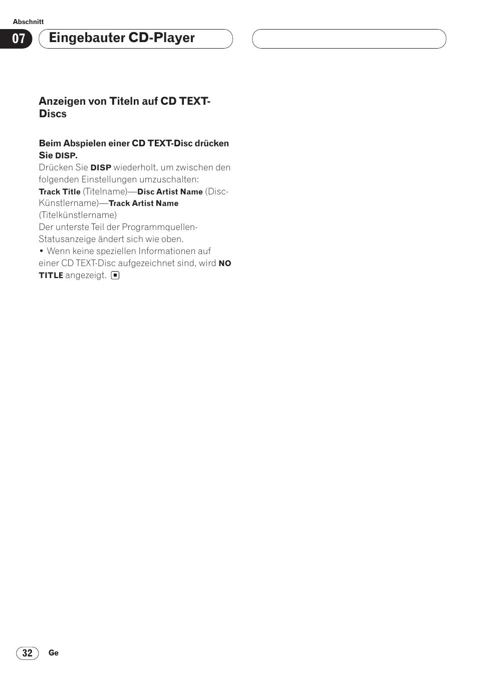 Anzeigen von titeln auf cd, Text-discs 32, Eingebauter cd-player | Pioneer AVH-P6400CD User Manual | Page 180 / 224