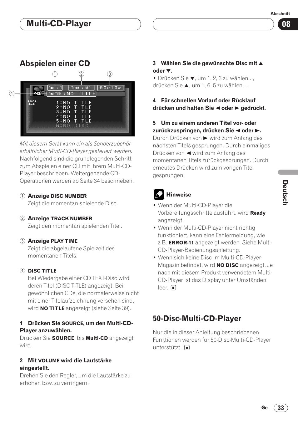 Abspielen einer cd 33 50-disc-multi-cd-player 33, Multi-cd-player, Abspielen einer cd | Disc-multi-cd-player | Pioneer AVH-P6400CD User Manual | Page 181 / 224