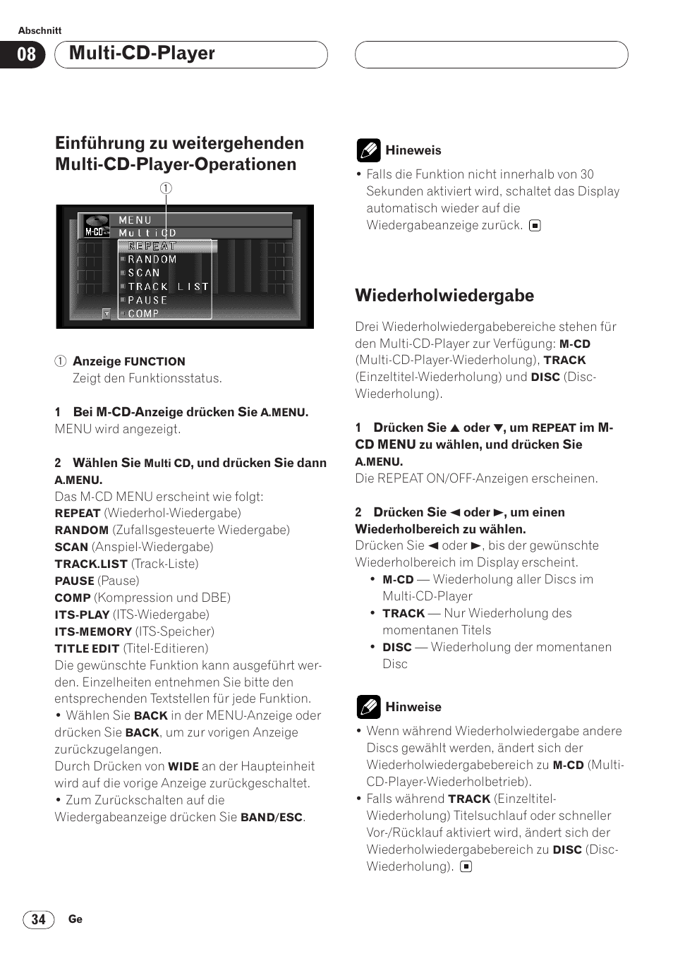 Einführung zu weitergehenden, Multi-cd-player-operationen 34, Wiederholwiedergabe 34 | Multi-cd-player, Wiederholwiedergabe | Pioneer AVH-P6400CD User Manual | Page 182 / 224