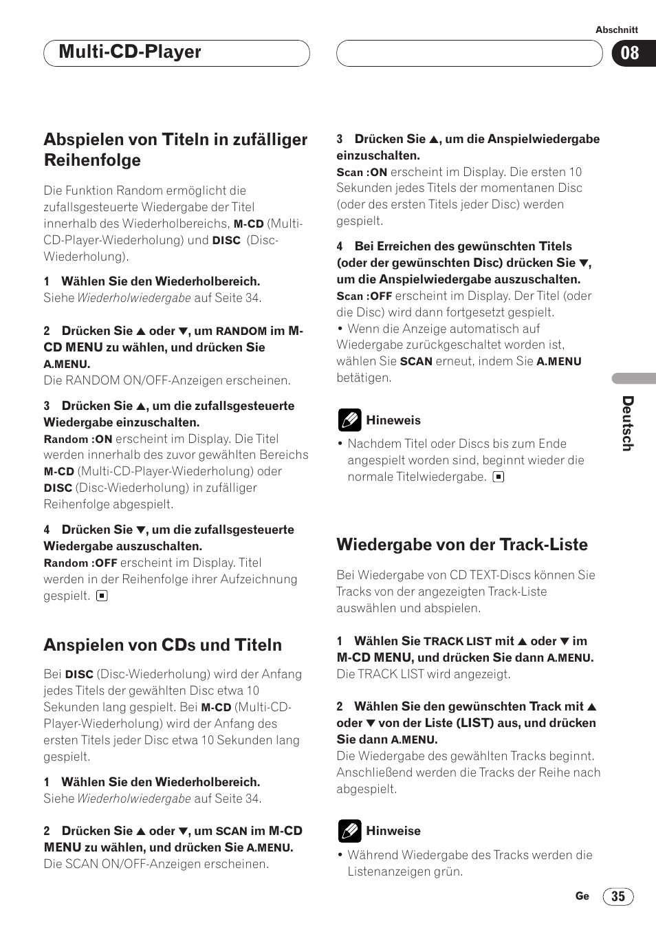 Abspielen von titeln in zufälliger, Reihenfolge 35, Multi-cd-player | Abspielen von titeln in zufälliger reihenfolge, Anspielen von cds und titeln, Wiedergabe von der track-liste | Pioneer AVH-P6400CD User Manual | Page 183 / 224