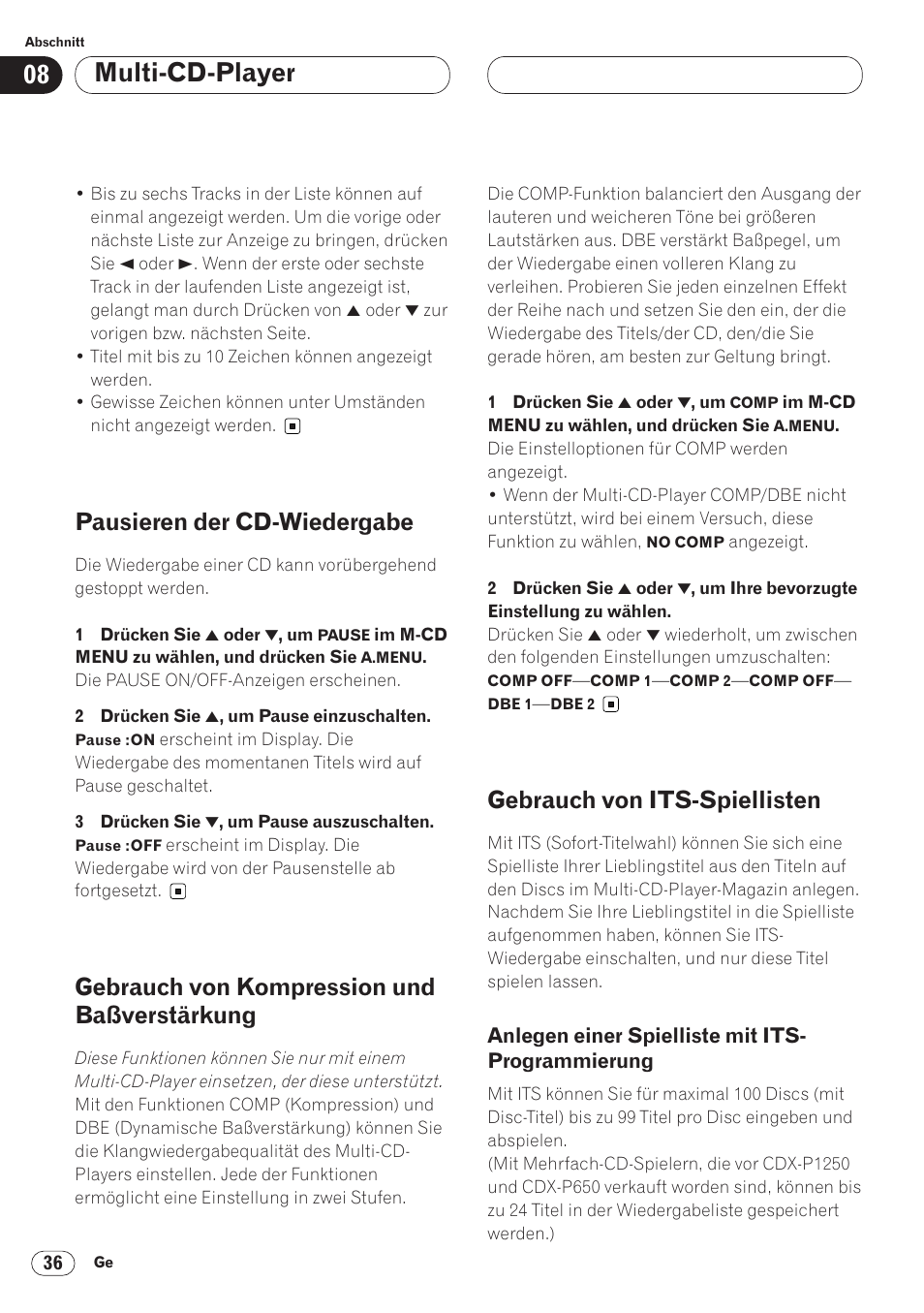 Baßverstärkung 36, Gebrauch von its-spiellisten 36, Anlegen einer spielliste mit | Its-programmierung 36, Multi-cd-player, Pausieren der cd-wiedergabe, Gebrauch von kompression und baßverstärkung, Gebrauch von its-spiellisten | Pioneer AVH-P6400CD User Manual | Page 184 / 224
