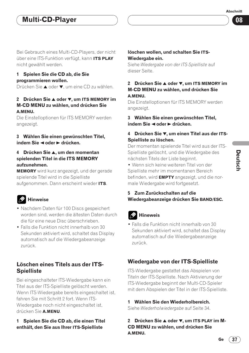 Löschen eines titels aus der, Its-spielliste 37, Wiedergabe von der its-spielliste 37 | Multi-cd-player | Pioneer AVH-P6400CD User Manual | Page 185 / 224