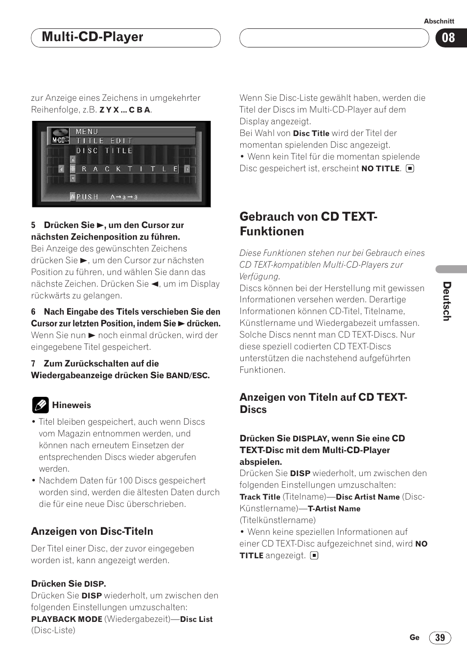 Anzeigen von disc-titeln 39, Gebrauch von cd text-funktionen 39, Anzeigen von titeln auf cd | Text-discs 39, Multi-cd-player, Gebrauch von cd text- funktionen | Pioneer AVH-P6400CD User Manual | Page 187 / 224