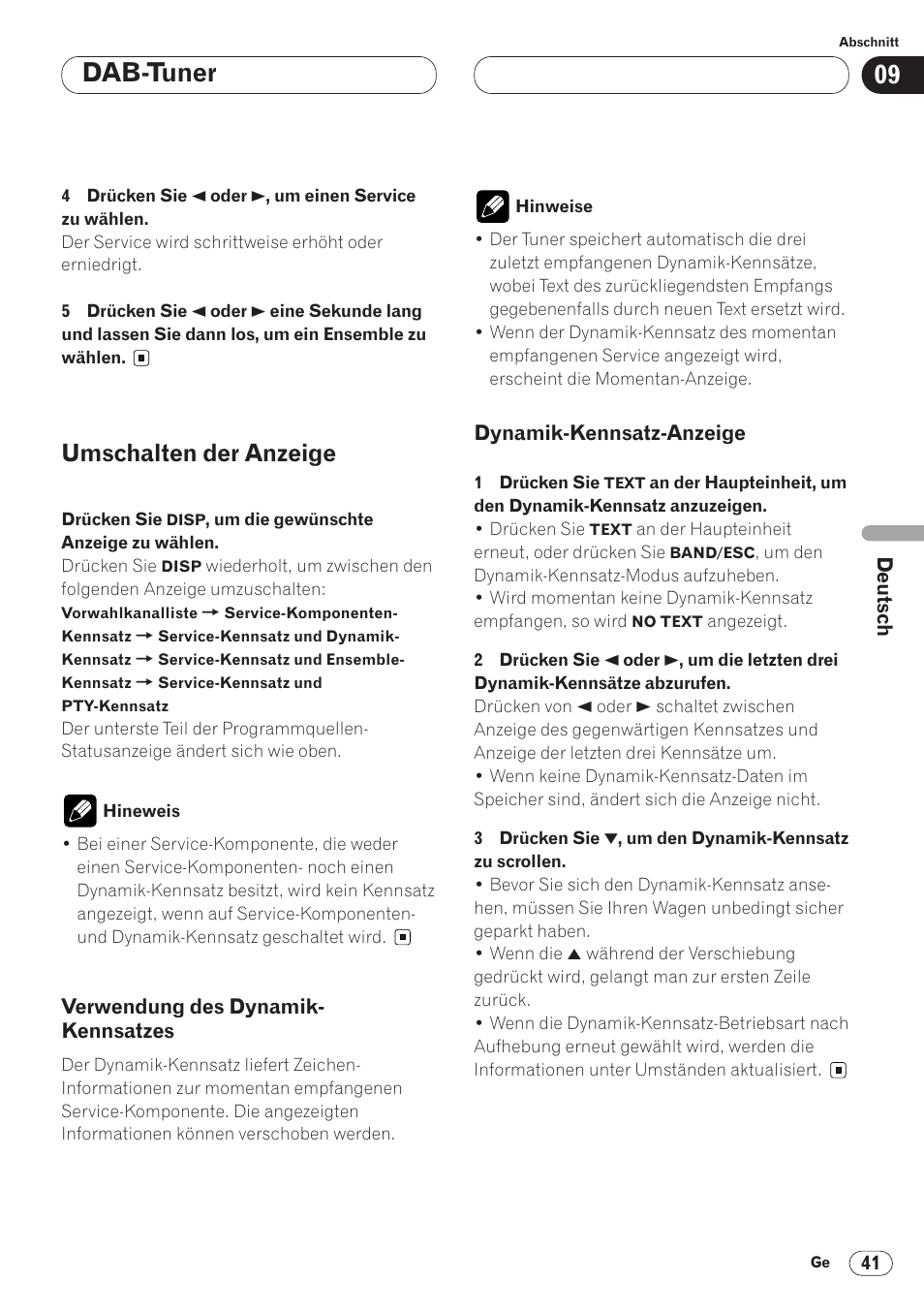 Dynamik-kennsatz-anzeige 41, Dab-tuner, Umschalten der anzeige | Pioneer AVH-P6400CD User Manual | Page 189 / 224
