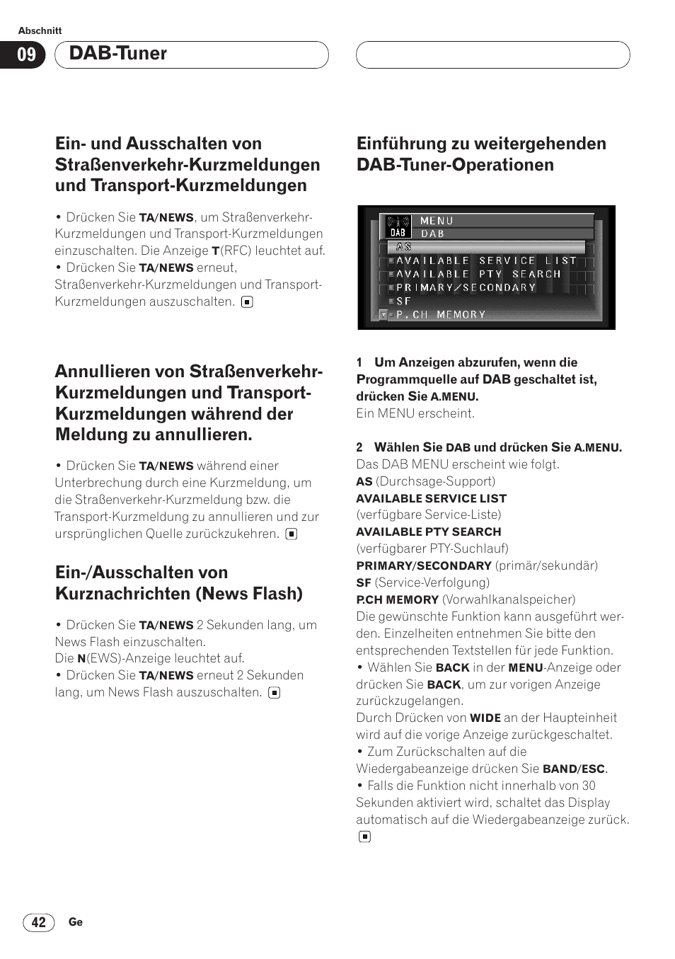Ein- und ausschalten von straßenverkehr, Kurzmeldungen und transport- kurzmeldungen 42, Annullieren von straßenverkehr | Ein-/ausschalten von kurznachrichten, News flash) 42, Einführung zu weitergehenden, Dab-tuner-operationen 42, Dab-tuner, Ein-/ausschalten von kurznachrichten (news flash), Einführung zu weitergehenden dab-tuner-operationen | Pioneer AVH-P6400CD User Manual | Page 190 / 224