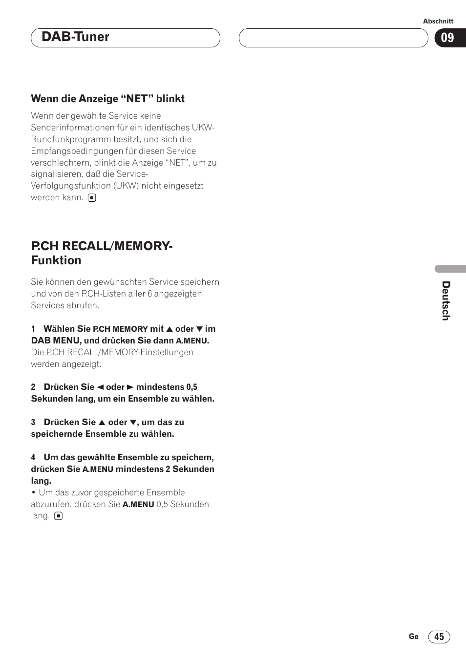 Wenn die anzeige “net” blinkt 45, P.ch recall/memory-funktion 45, Dab-tuner | Pioneer AVH-P6400CD User Manual | Page 193 / 224