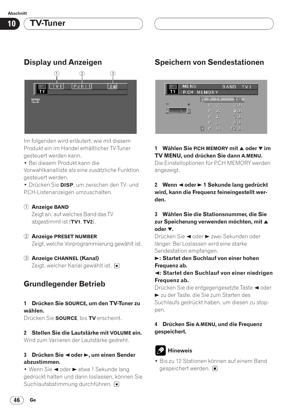 Tv-tuner, Display und anzeigen, Grundlegender betrieb | Speichern von sendestationen | Pioneer AVH-P6400CD User Manual | Page 194 / 224