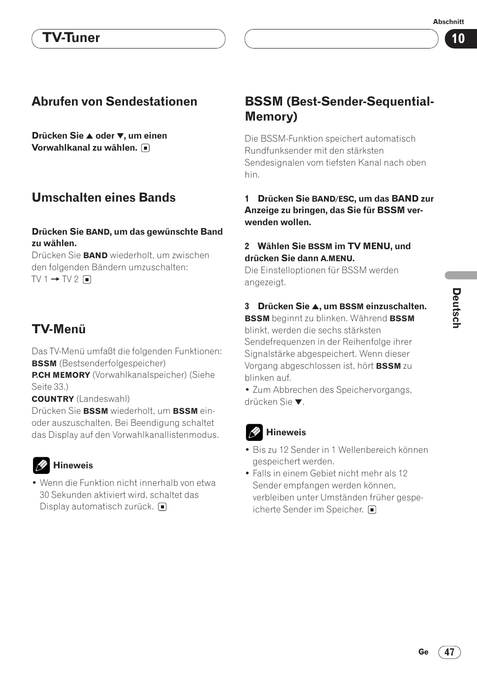 Tv-tuner, Abrufen von sendestationen, Umschalten eines bands | Tv-menü | Pioneer AVH-P6400CD User Manual | Page 195 / 224