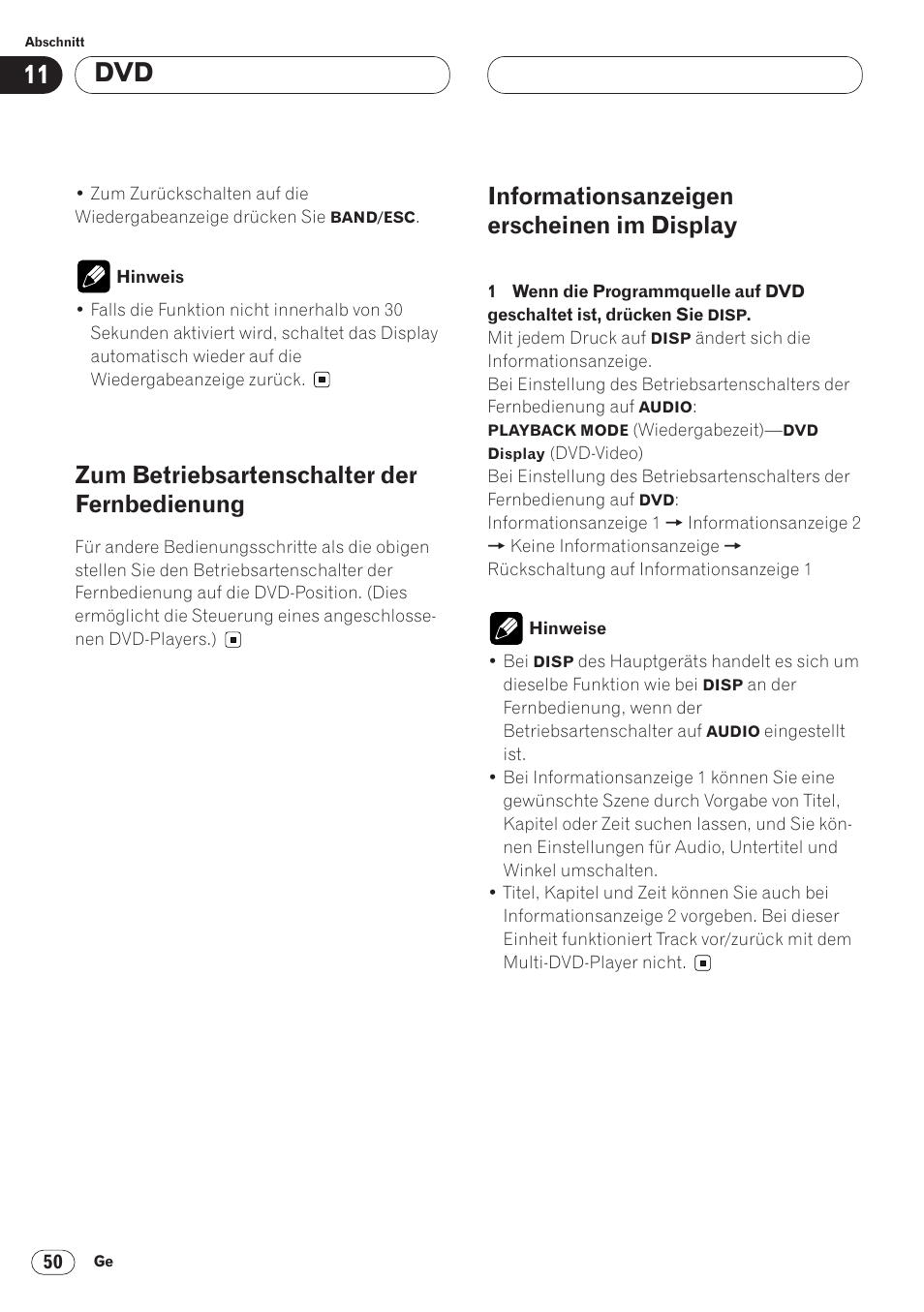 Zum betriebsartenschalter der fernbedienung, Informationsanzeigen erscheinen im, Display 50 | Informationsanzeigen erscheinen im display | Pioneer AVH-P6400CD User Manual | Page 198 / 224