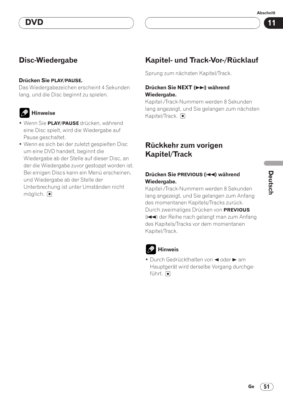 Disc-wiedergabe, Kapitel- und track-vor-/rücklauf, Rückkehr zum vorigen kapitel/track | Pioneer AVH-P6400CD User Manual | Page 199 / 224