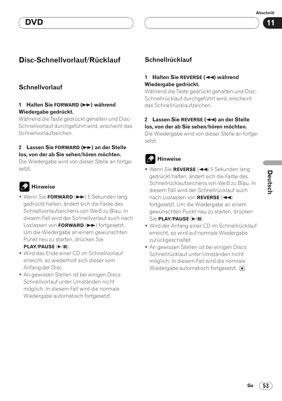 Disc-schnellvorlauf/rücklauf 53, Schnellvorlauf 53 • schnellrücklauf 53, Disc-schnellvorlauf/rücklauf | Pioneer AVH-P6400CD User Manual | Page 201 / 224