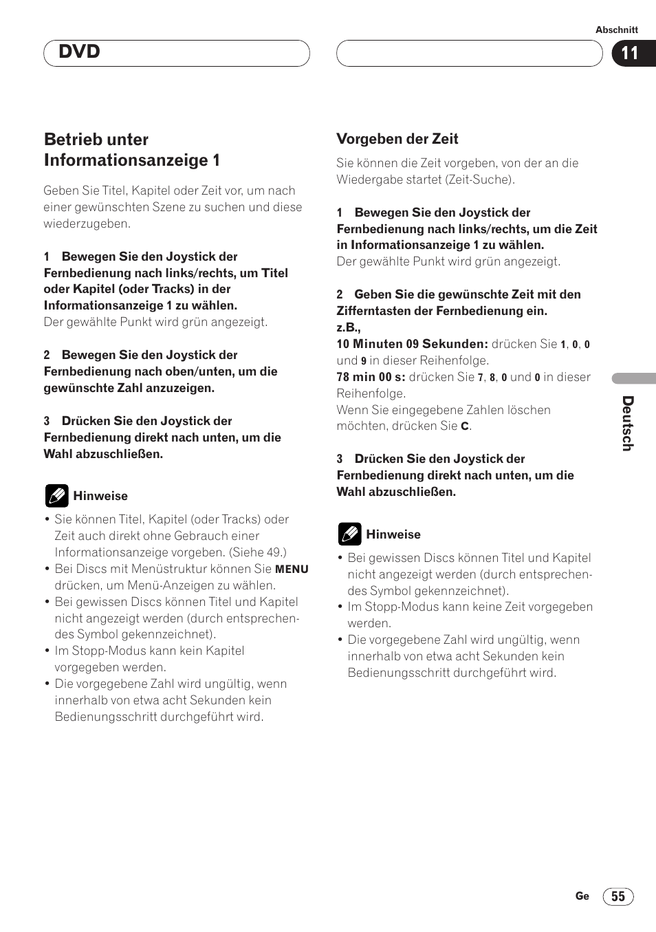 Betrieb unter informationsanzeige 1 55, Vorgeben der zeit 55, Betrieb unter informationsanzeige 1 | Pioneer AVH-P6400CD User Manual | Page 203 / 224