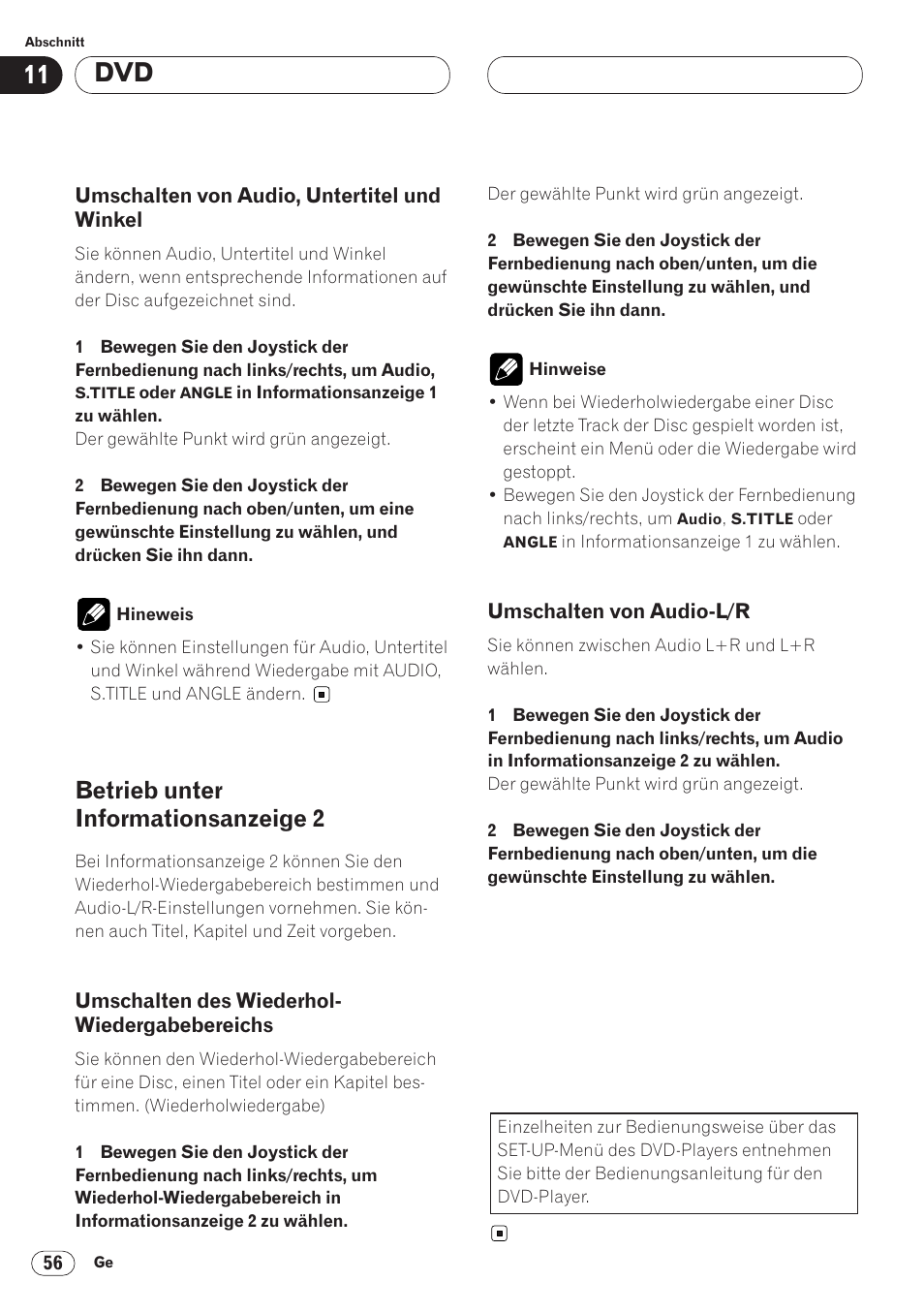 Umschalten von audio, untertitel und, Winkel 56, Betrieb unter informationsanzeige 2 56 | Umschalten des wiederhol, Wiedergabebereichs 56, Umschalten von audio-l/r 56, Betrieb unter informationsanzeige 2 | Pioneer AVH-P6400CD User Manual | Page 204 / 224