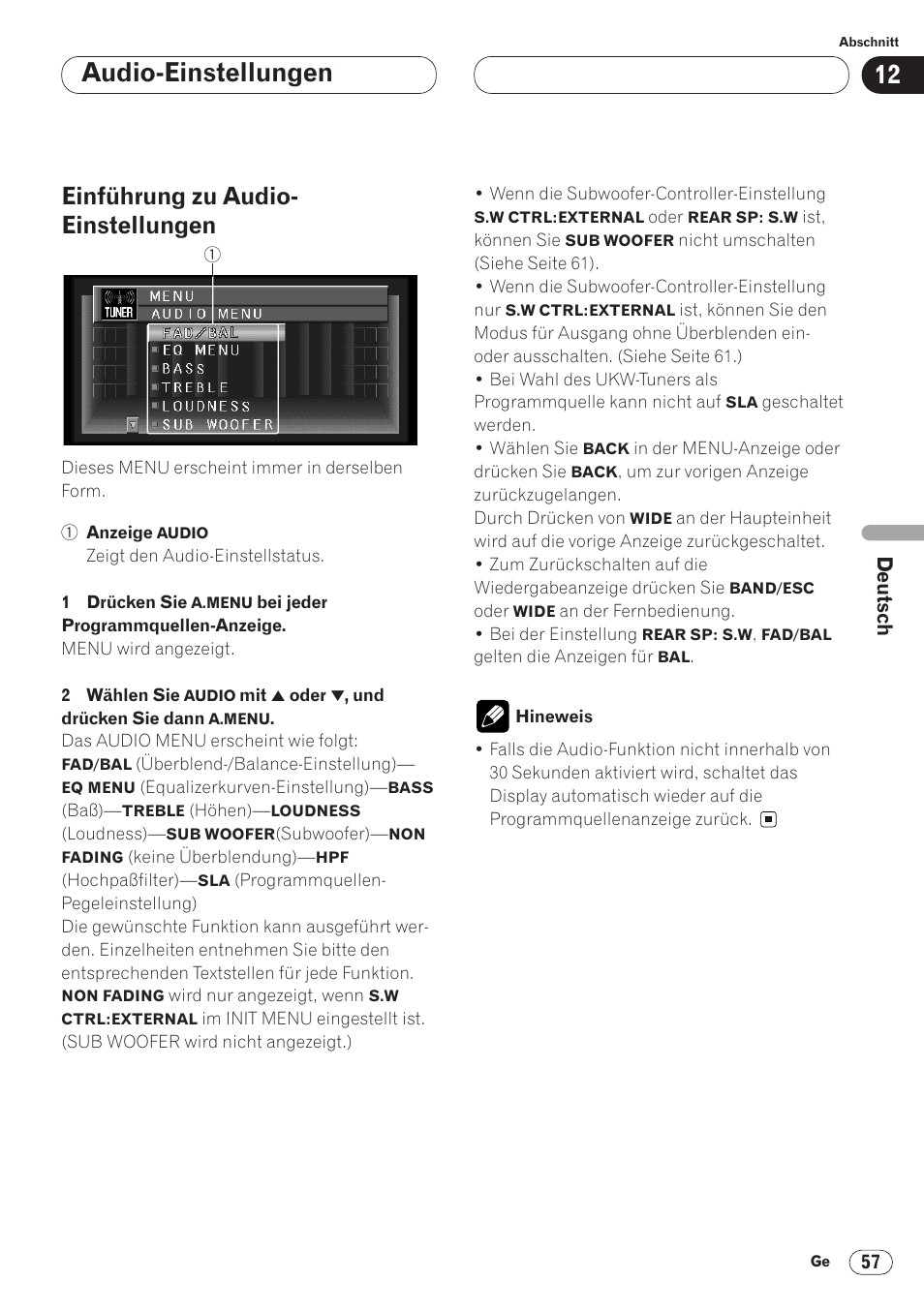 Einführung zu audio-einstellungen 57, Audio-einstellungen, Einführung zu audio- einstellungen | Pioneer AVH-P6400CD User Manual | Page 205 / 224