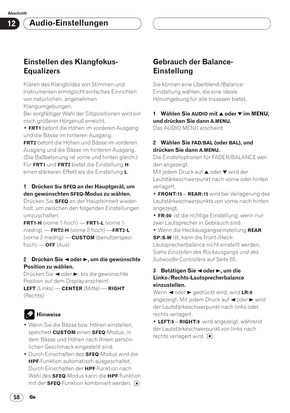 Audio-einstellungen, Einstellen des klangfokus- equalizers, Gebrauch der balance- einstellung | Pioneer AVH-P6400CD User Manual | Page 206 / 224