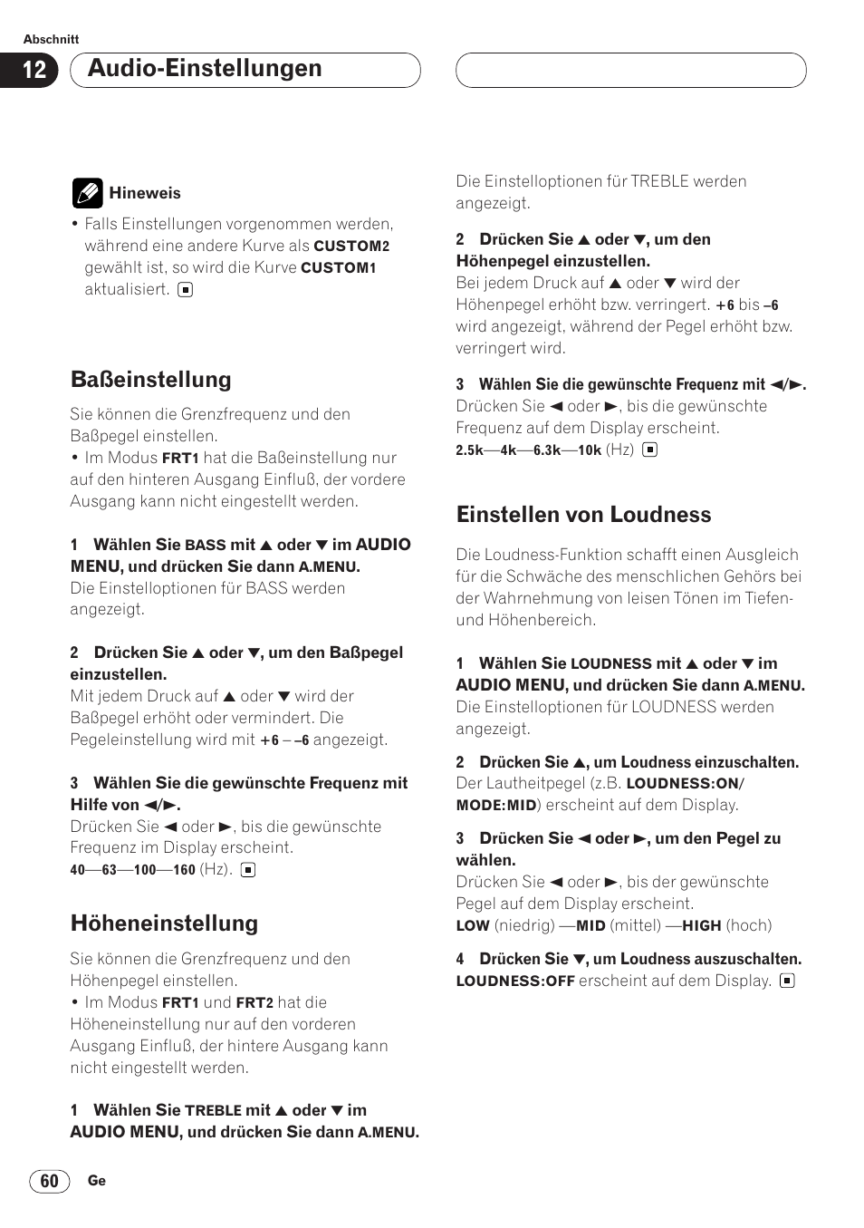 Audio-einstellungen, Baßeinstellung, Höheneinstellung | Einstellen von loudness | Pioneer AVH-P6400CD User Manual | Page 208 / 224