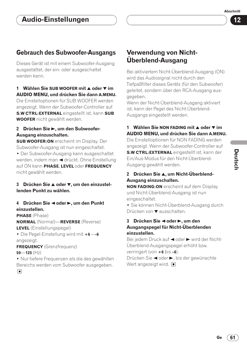 Ausgang 61, Audio-einstellungen, Gebrauch des subwoofer-ausgangs | Verwendung von nicht- überblend-ausgang | Pioneer AVH-P6400CD User Manual | Page 209 / 224