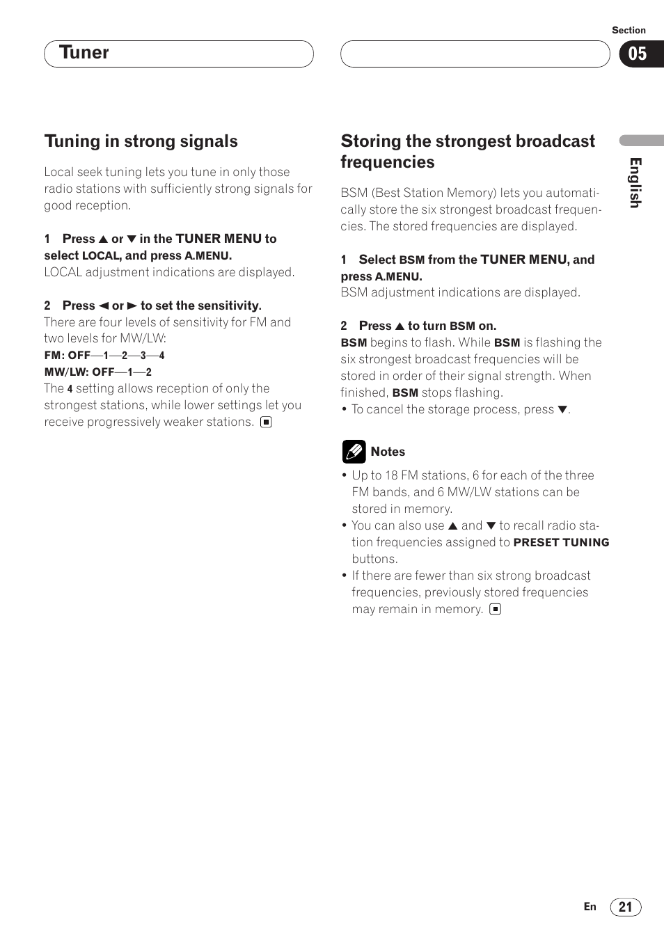 Frequencies 21, Tuner, Tuning in strong signals | Storing the strongest broadcast frequencies | Pioneer AVH-P6400CD User Manual | Page 21 / 224