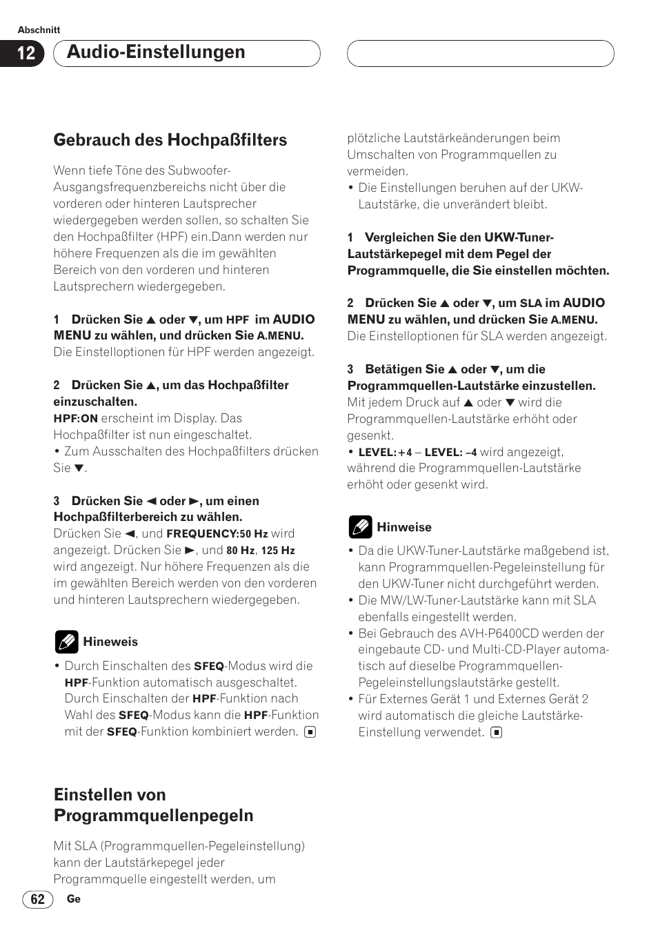 Audio-einstellungen, Gebrauch des hochpaßfilters, Einstellen von programmquellenpegeln | Pioneer AVH-P6400CD User Manual | Page 210 / 224