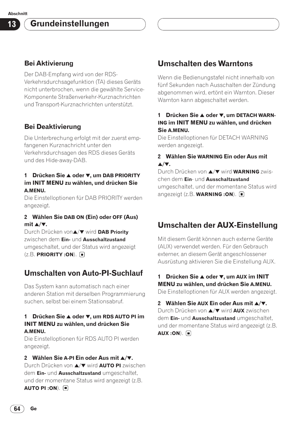 Bei aktivierung 64 • bei deaktivierung 64, Grundeinstellungen, Umschalten von auto-pi-suchlauf | Umschalten des warntons, Umschalten der aux-einstellung, Bei aktivierung, Bei deaktivierung | Pioneer AVH-P6400CD User Manual | Page 212 / 224
