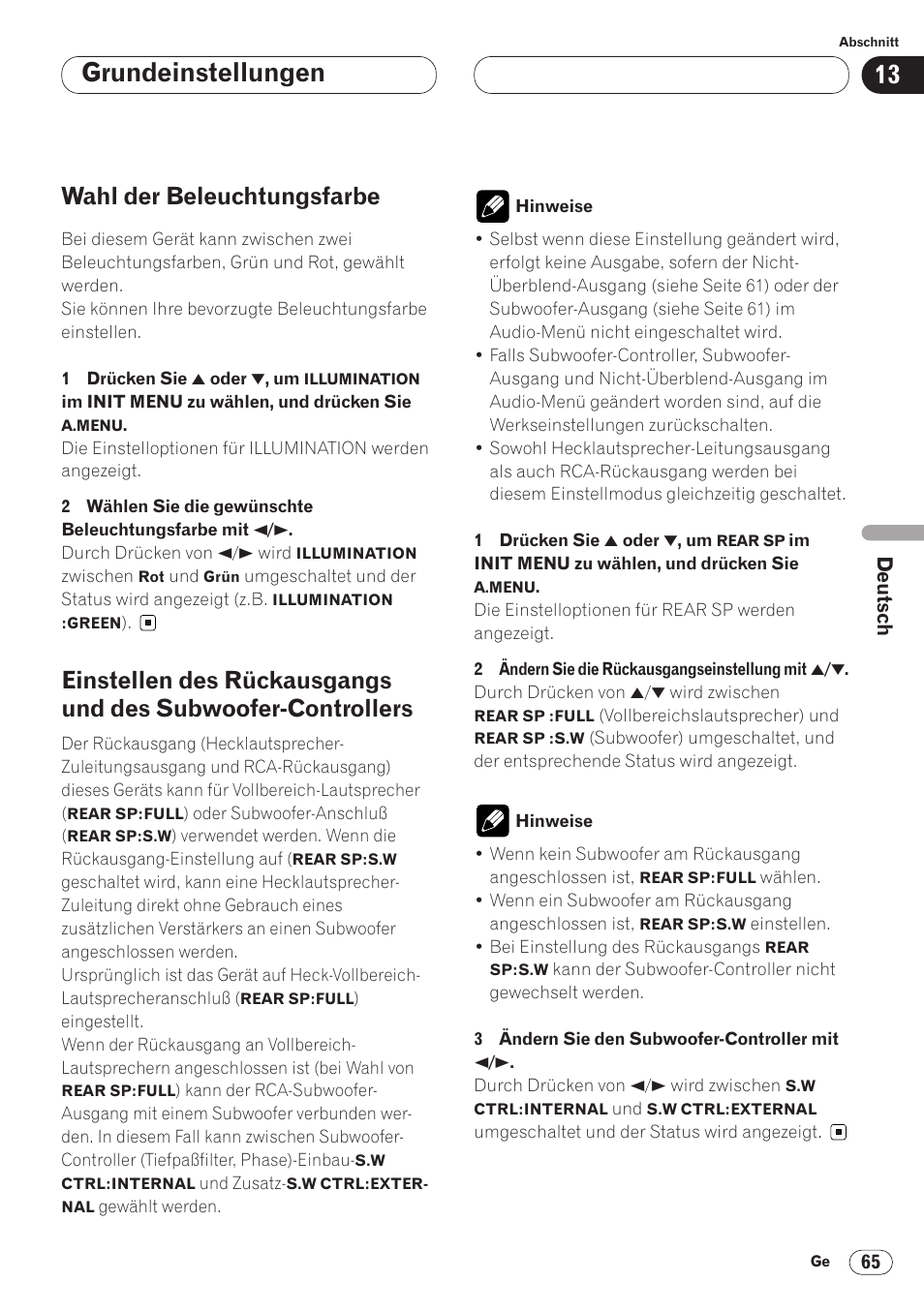Subwoofer-controllers 65, Umschalten von telefon, Stummschaltung/dämpfung 66 | Grundeinstellungen, Wahl der beleuchtungsfarbe | Pioneer AVH-P6400CD User Manual | Page 213 / 224