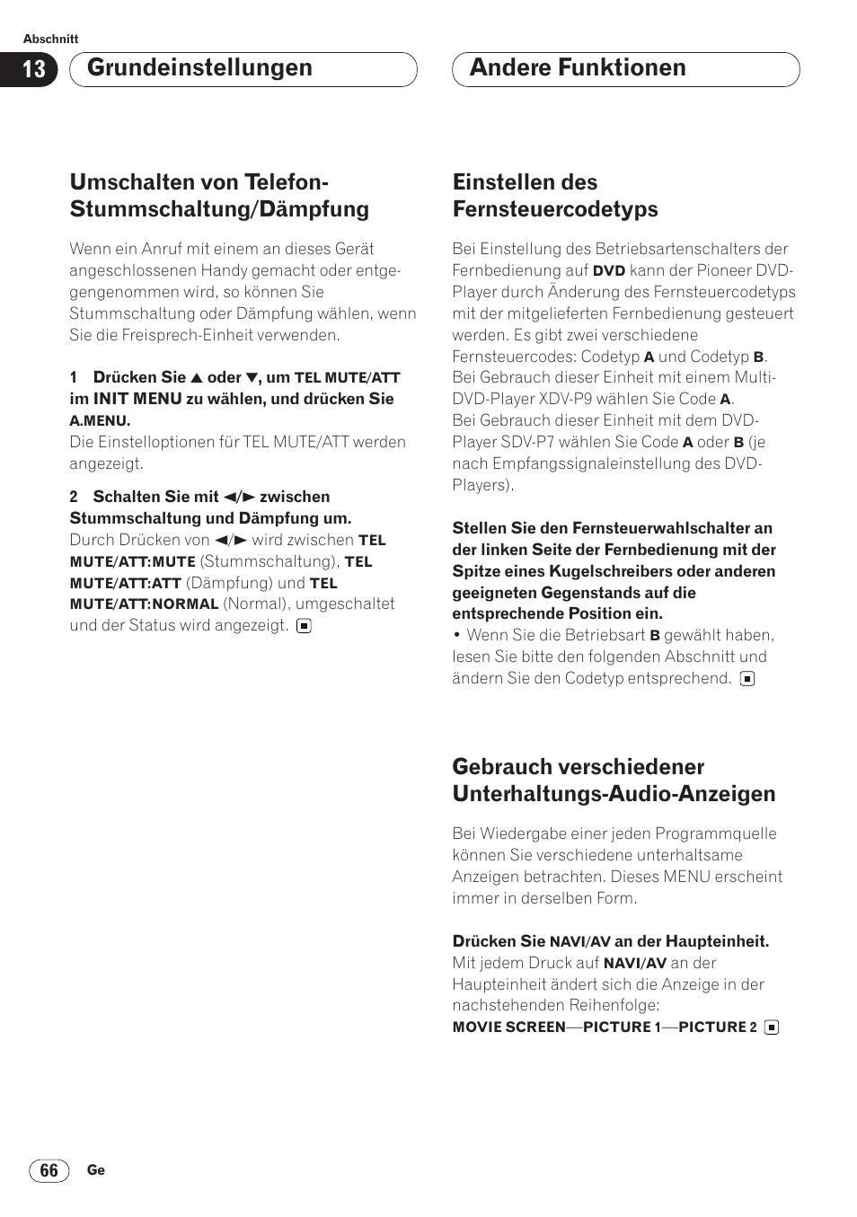 Audio-anzeigen 66, Andere funktionen, Grundeinstellungen | Umschalten von telefon- stummschaltung/dämpfung, Einstellen des fernsteuercodetyps | Pioneer AVH-P6400CD User Manual | Page 214 / 224