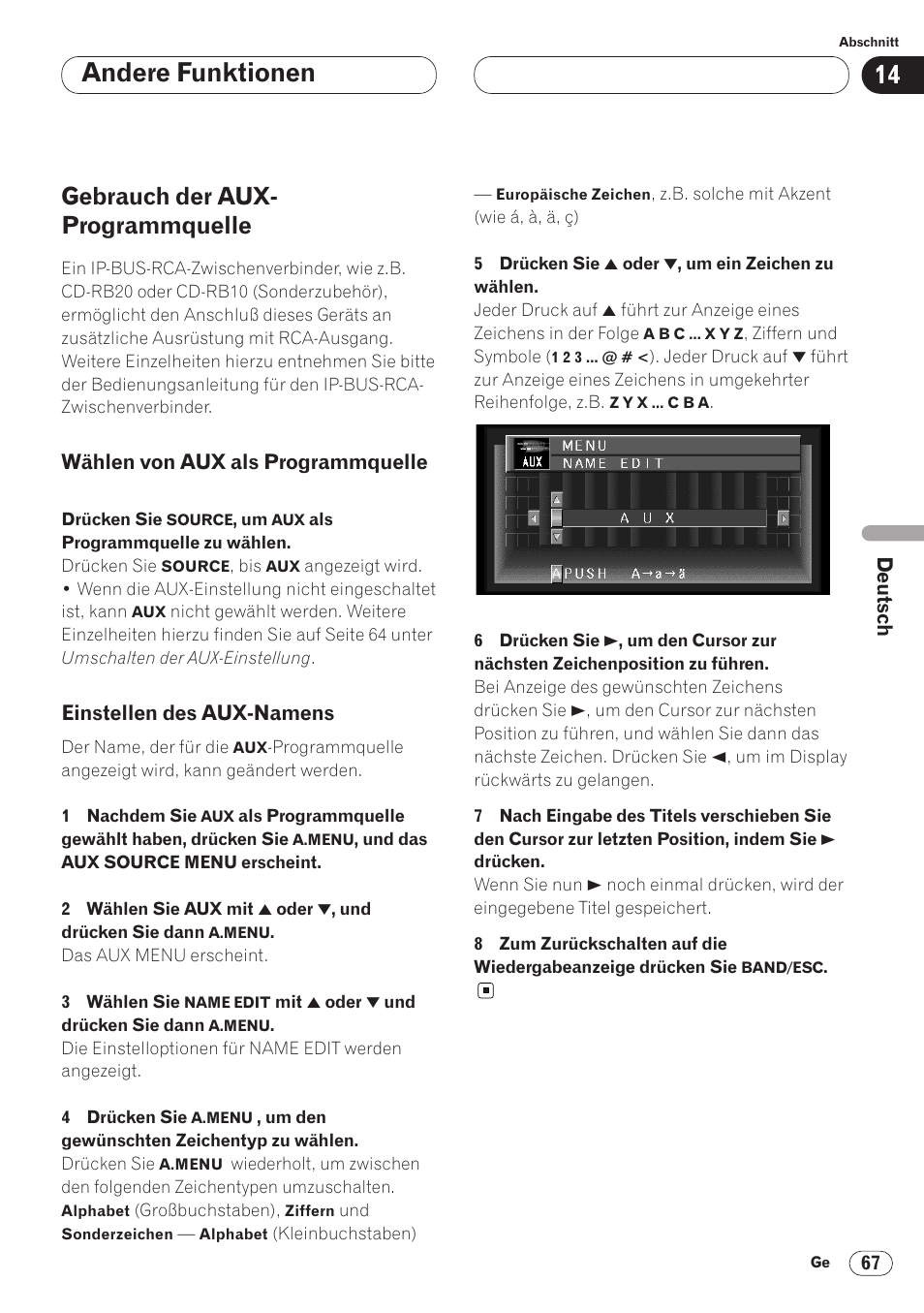Gebrauch der aux-programmquelle 67, Wählen von aux als, Programmquelle 67 | Einstellen des aux-namens 67, Andere funktionen, Gebrauch der aux- programmquelle | Pioneer AVH-P6400CD User Manual | Page 215 / 224
