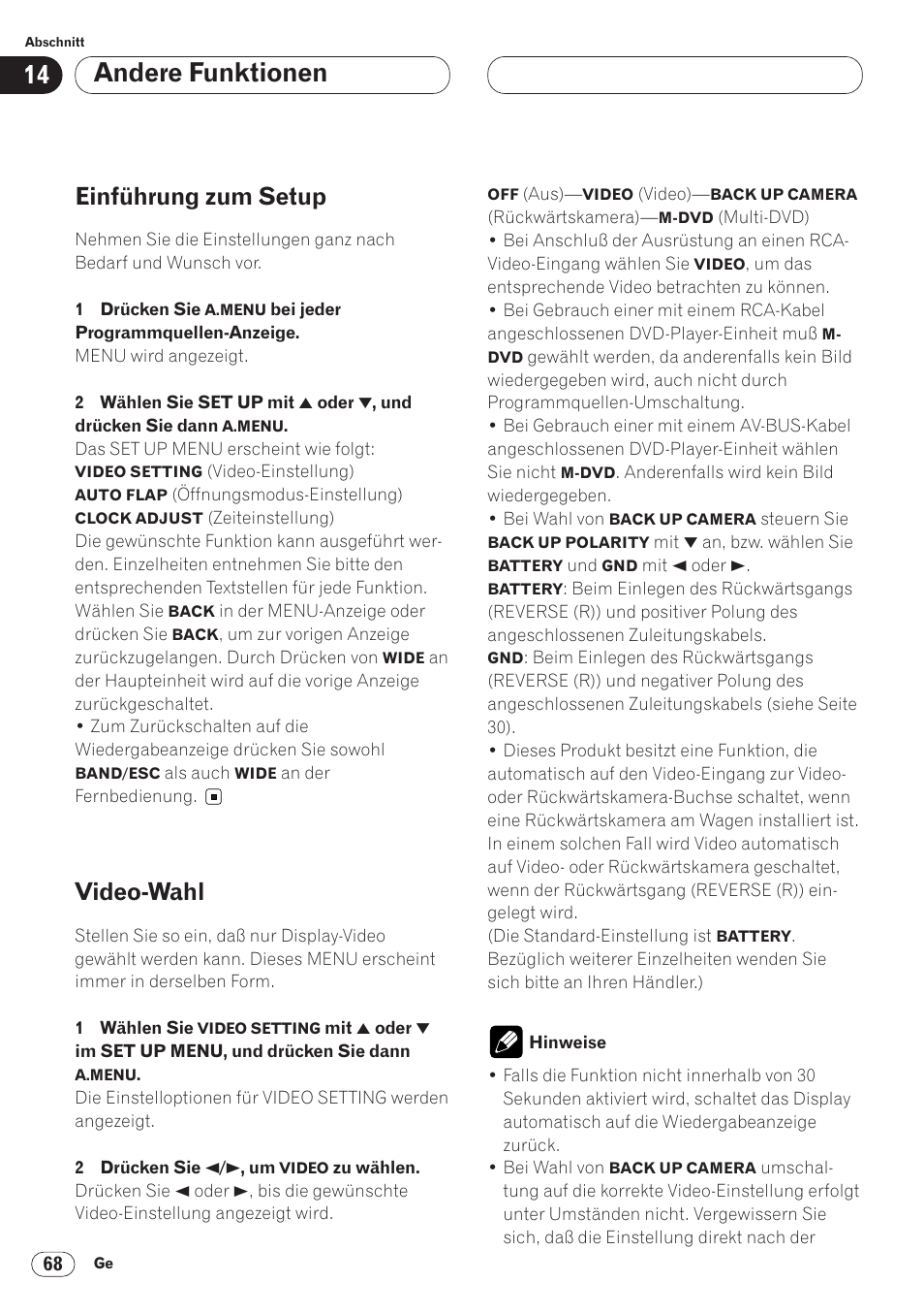 Einführung zum setup 68 video-wahl 68, Andere funktionen, Einführung zum setup | Video-wahl | Pioneer AVH-P6400CD User Manual | Page 216 / 224