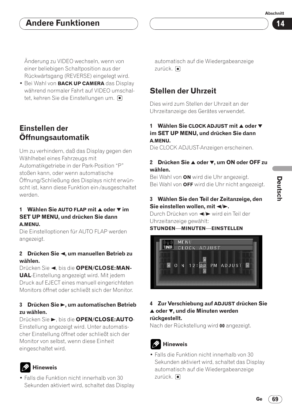 Andere funktionen, Einstellen der öffnungsautomatik, Stellen der uhrzeit | Pioneer AVH-P6400CD User Manual | Page 217 / 224