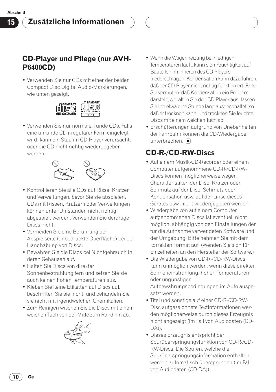 Zusätzliche informationen, Cd-player und pflege (nur avh- p6400cd), Cd-r-/cd-rw-discs | Pioneer AVH-P6400CD User Manual | Page 218 / 224