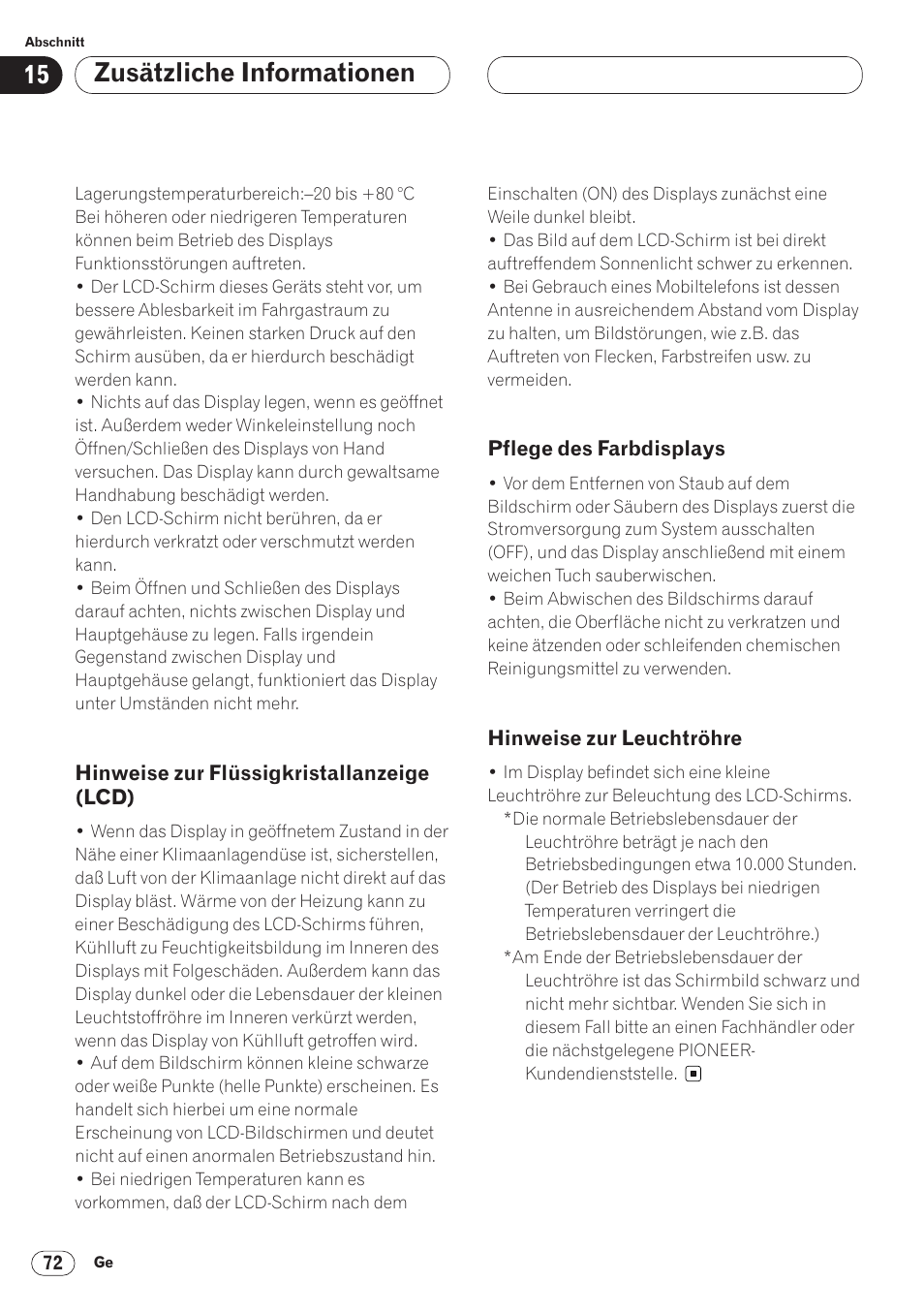 Hinweise zur flüssigkristallanzeige, Lcd) 72, Zusätzliche informationen | Pioneer AVH-P6400CD User Manual | Page 220 / 224