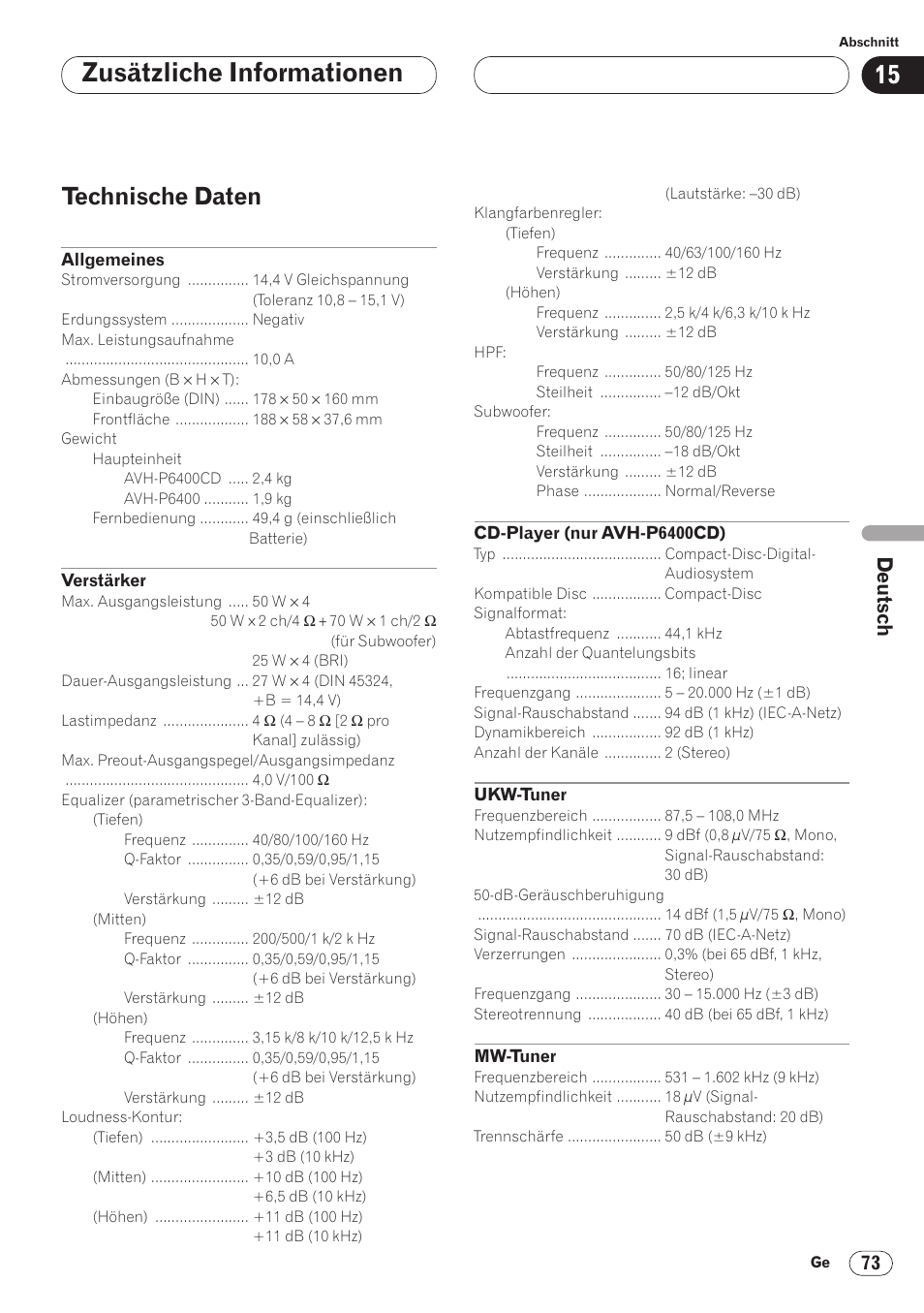 Technische daten 73, Zusätzliche informationen, Technische daten | Pioneer AVH-P6400CD User Manual | Page 221 / 224