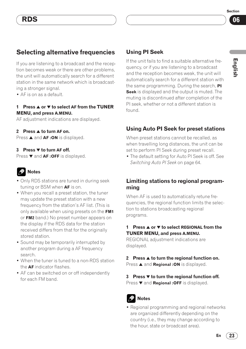 Selecting alternative frequencies 23, Using pi seek 23 • using auto pi seek for preset, Stations 23 | Limiting stations to regional, Programming 23, Selecting alternative frequencies | Pioneer AVH-P6400CD User Manual | Page 23 / 224