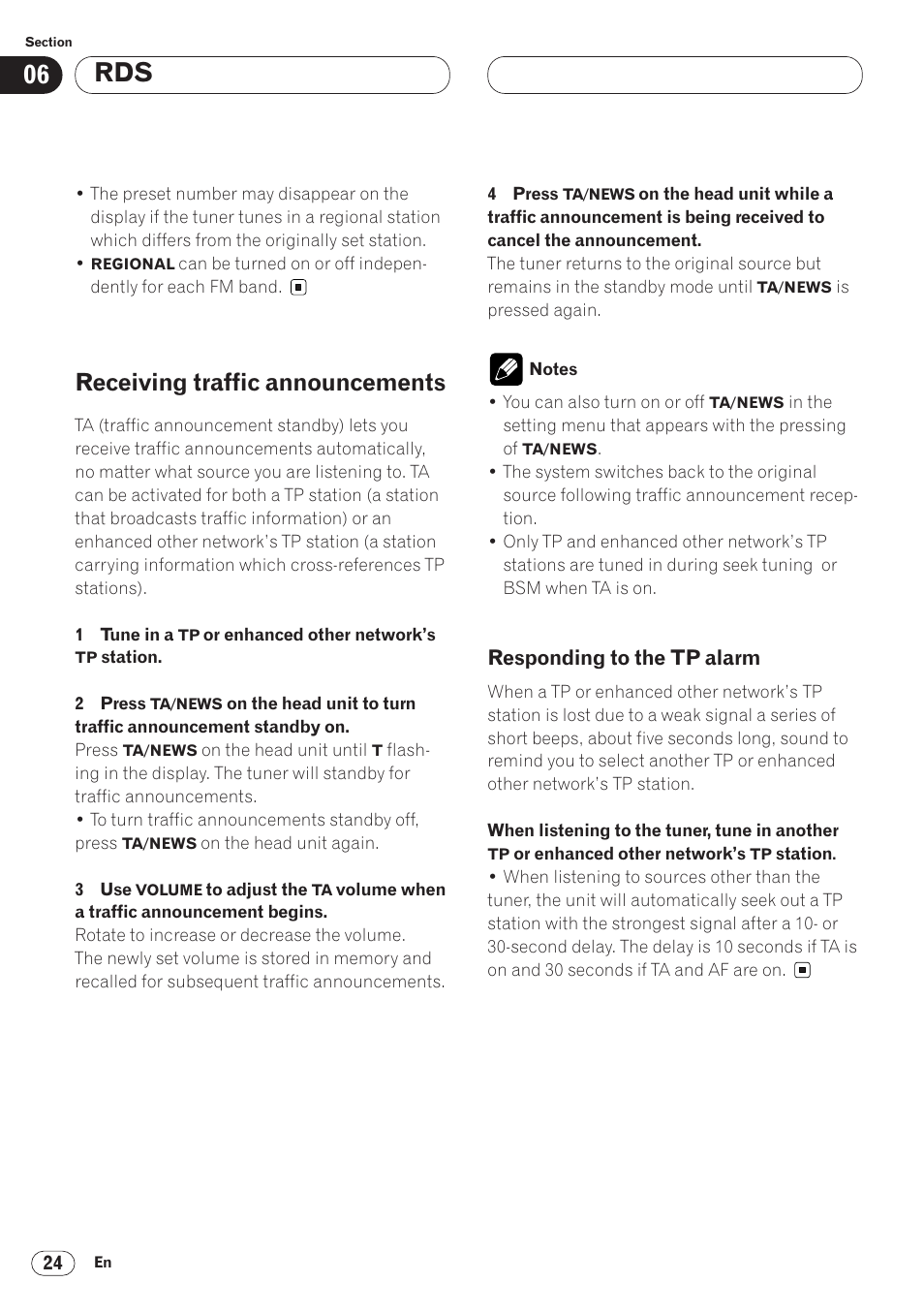 Receiving traffic announcements 24, Responding to the tp alarm 24, Receiving traffic announcements | Pioneer AVH-P6400CD User Manual | Page 24 / 224