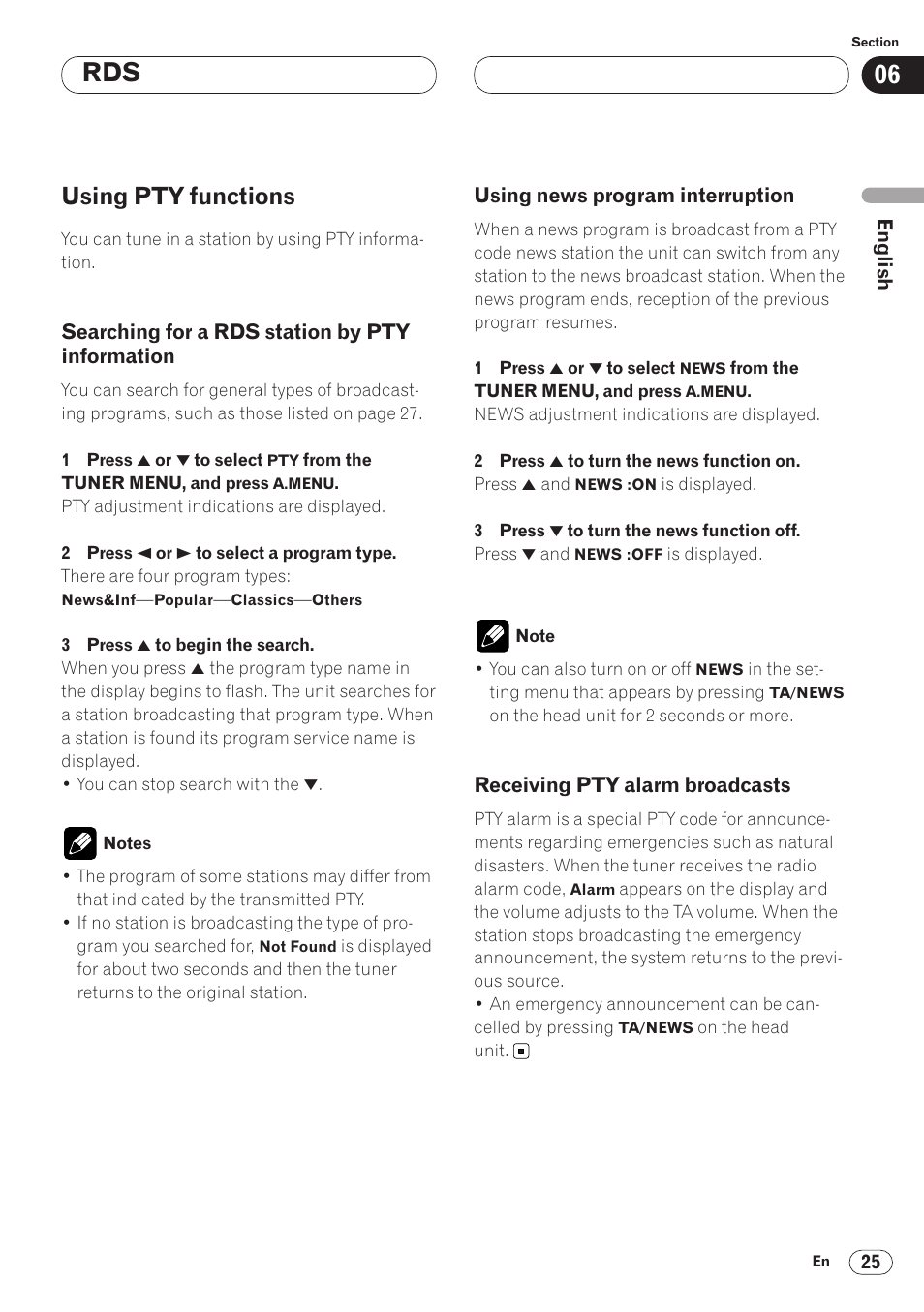 Using pty functions 25, Searching for a rds station by pty, Information 25 | Using pty functions | Pioneer AVH-P6400CD User Manual | Page 25 / 224
