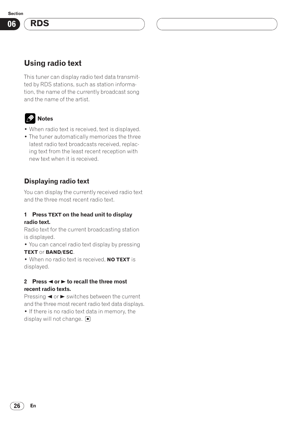 Using radio text 26, Displaying radio text 26, Using radio text | Pioneer AVH-P6400CD User Manual | Page 26 / 224
