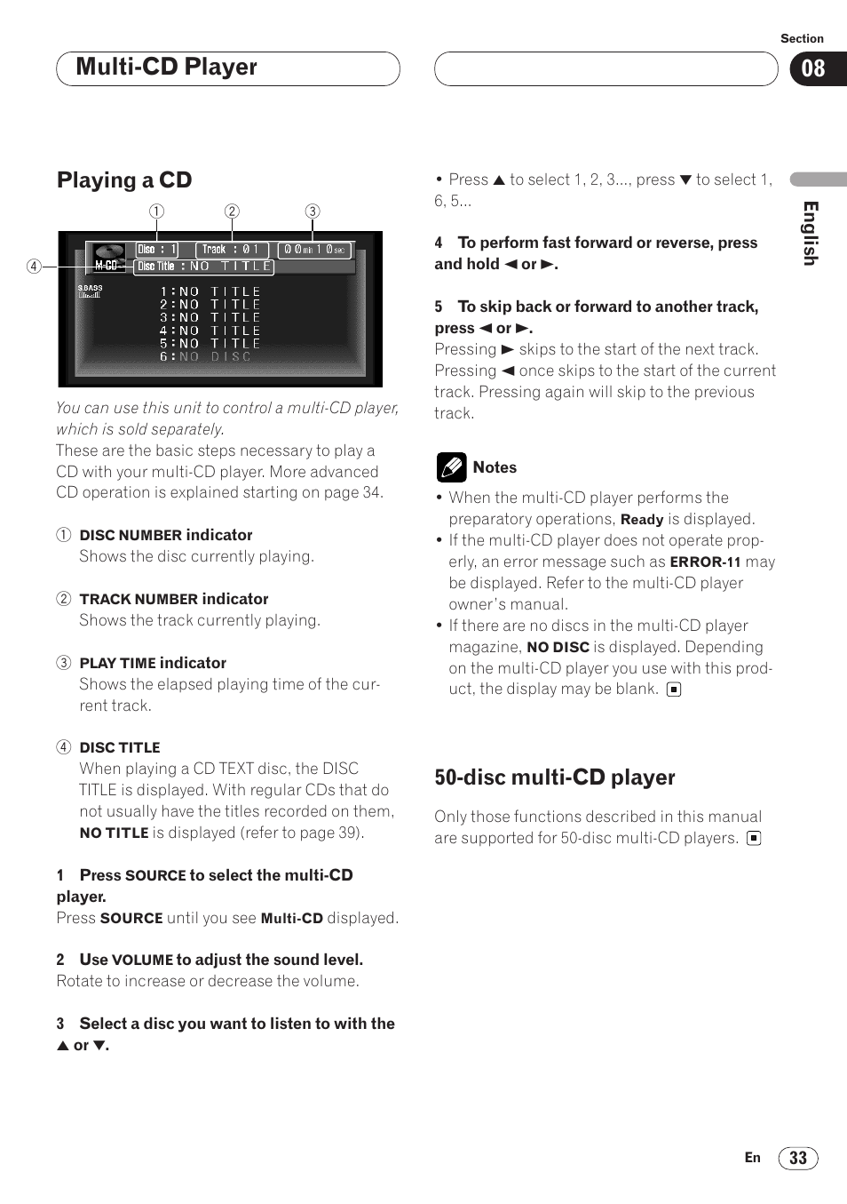 Playing a cd 33 50-disc multi-cd player 33, Multi-cd player, Playing a cd | Disc multi-cd player | Pioneer AVH-P6400CD User Manual | Page 33 / 224