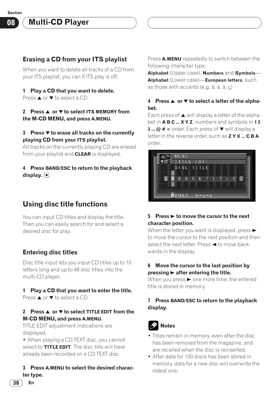 Erasing a cd from your its playlist 38, Using disc title functions 38, Entering disc titles 38 | Multi-cd player, Using disc title functions | Pioneer AVH-P6400CD User Manual | Page 38 / 224